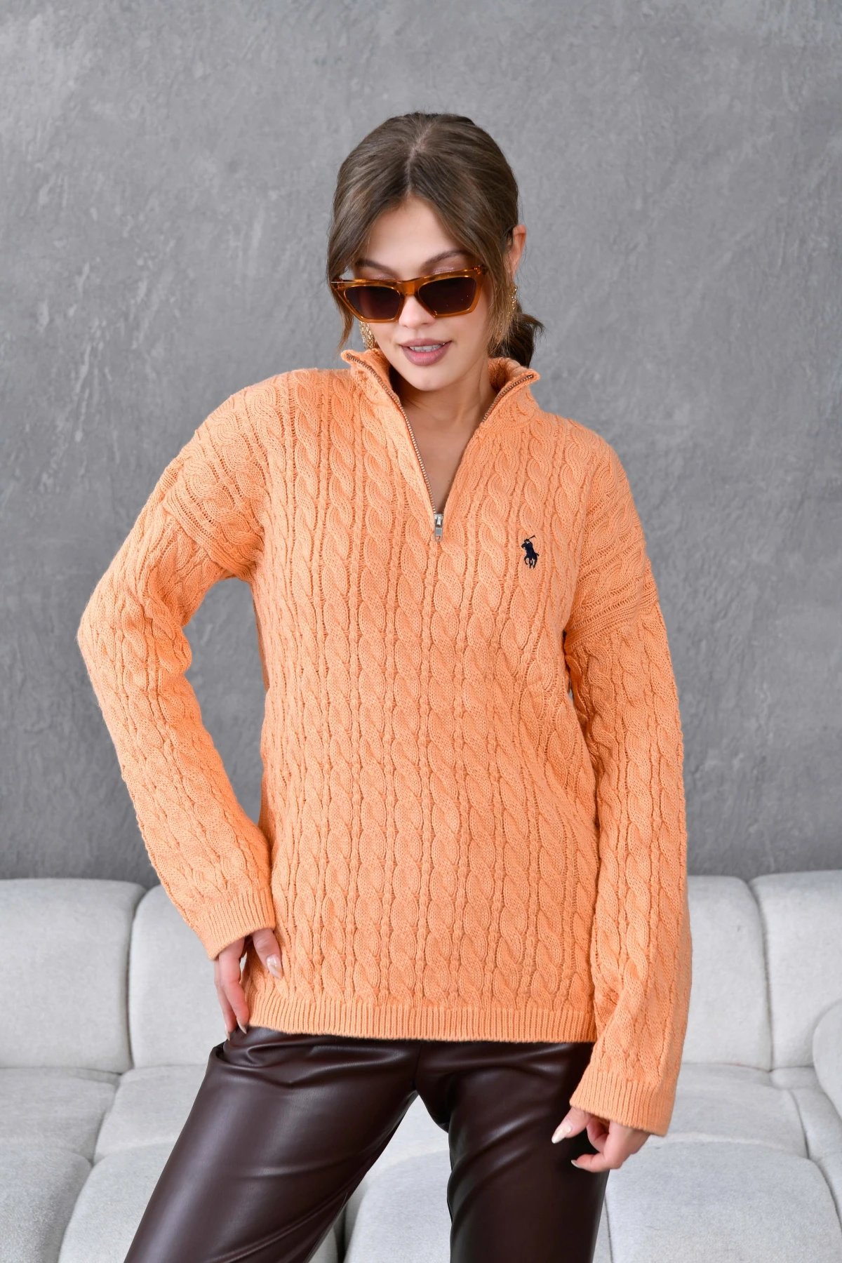 Kadın Dik Yaka Fermuar Detay Saç Örgü Triko Kazak 8006Sw