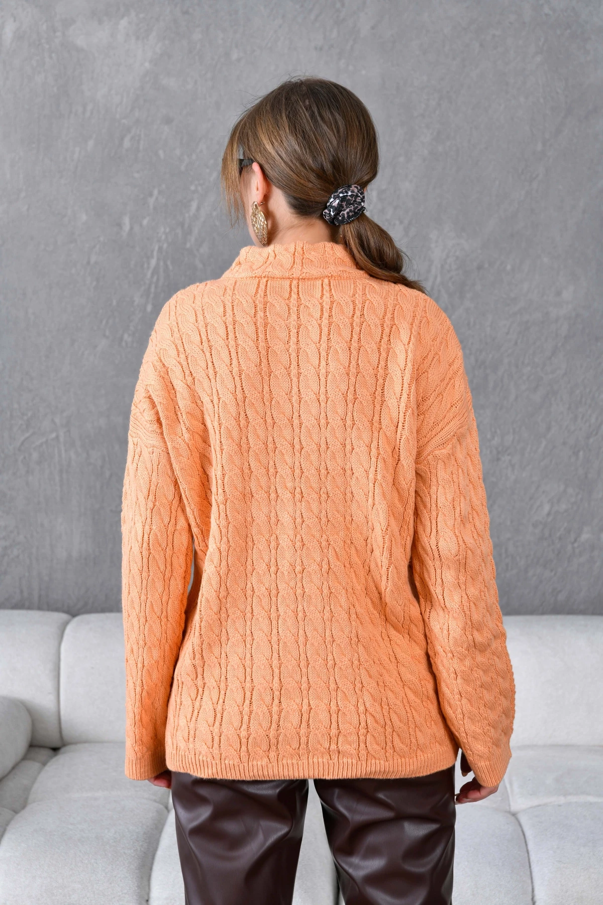 Kadın Dik Yaka Fermuar Detay Saç Örgü Triko Kazak 8006Sw