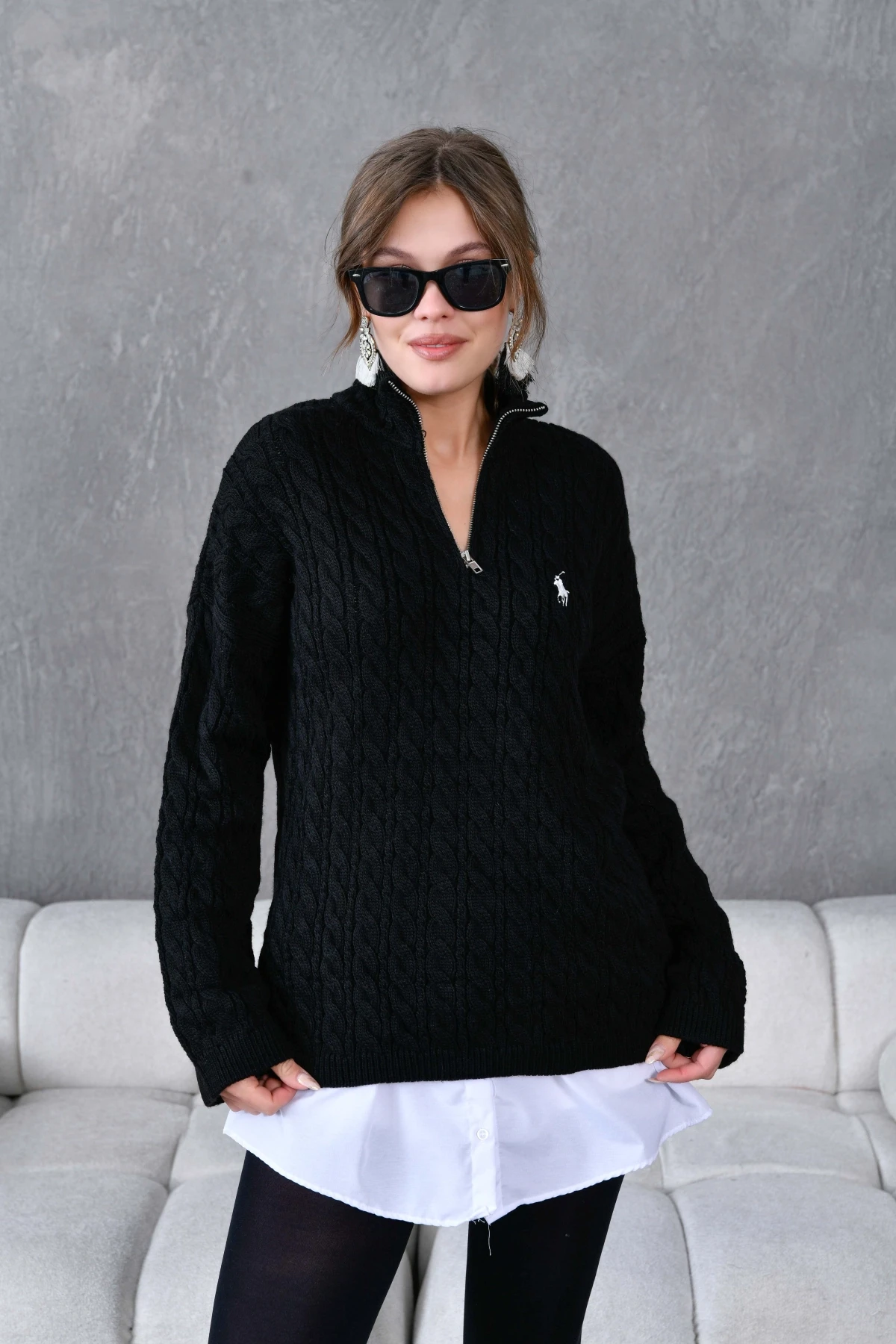 Kadın Dik Yaka Fermuar Detay Saç Örgü Triko Kazak 8006Sw