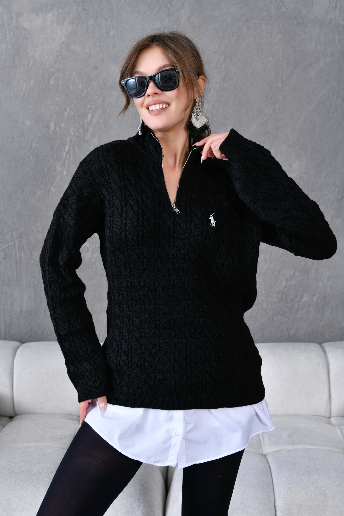 Kadın Dik Yaka Fermuar Detay Saç Örgü Triko Kazak 8006Sw