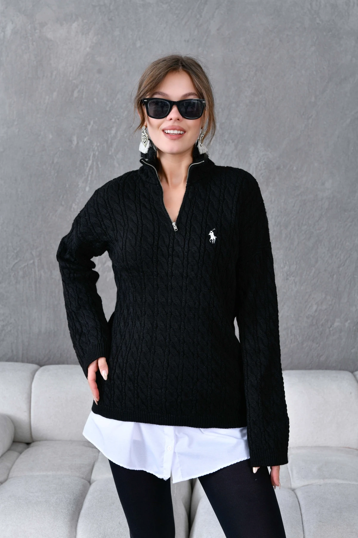 Kadın Dik Yaka Fermuar Detay Saç Örgü Triko Kazak 8006Sw