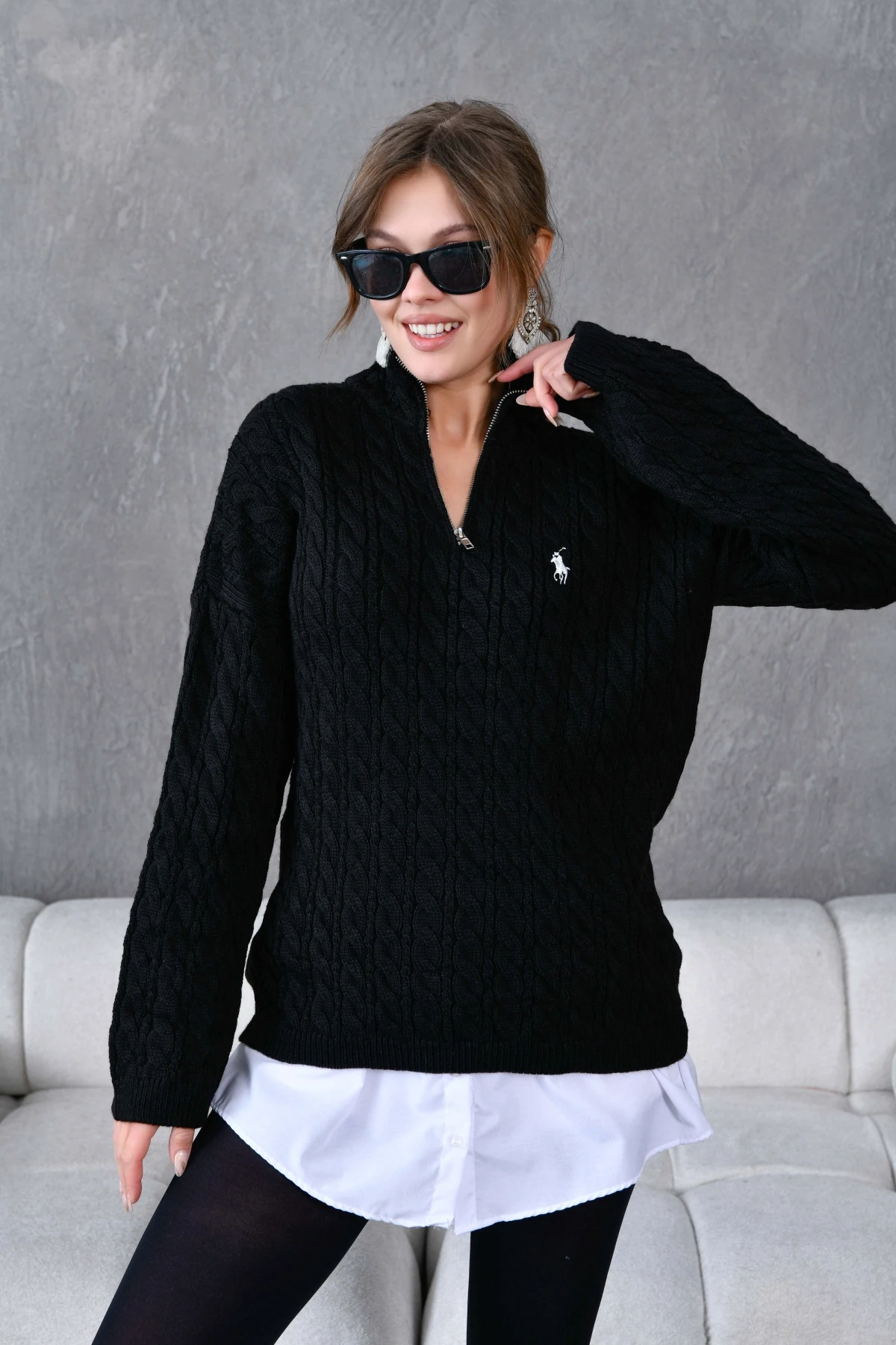 Kadın Dik Yaka Fermuar Detay Saç Örgü Triko Kazak 8006Sw