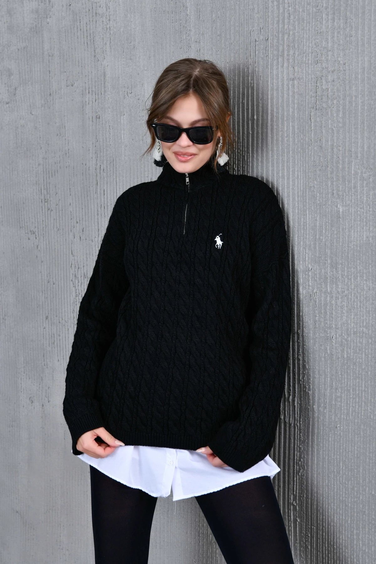 Kadın Dik Yaka Fermuar Detay Saç Örgü Triko Kazak 8006Sw