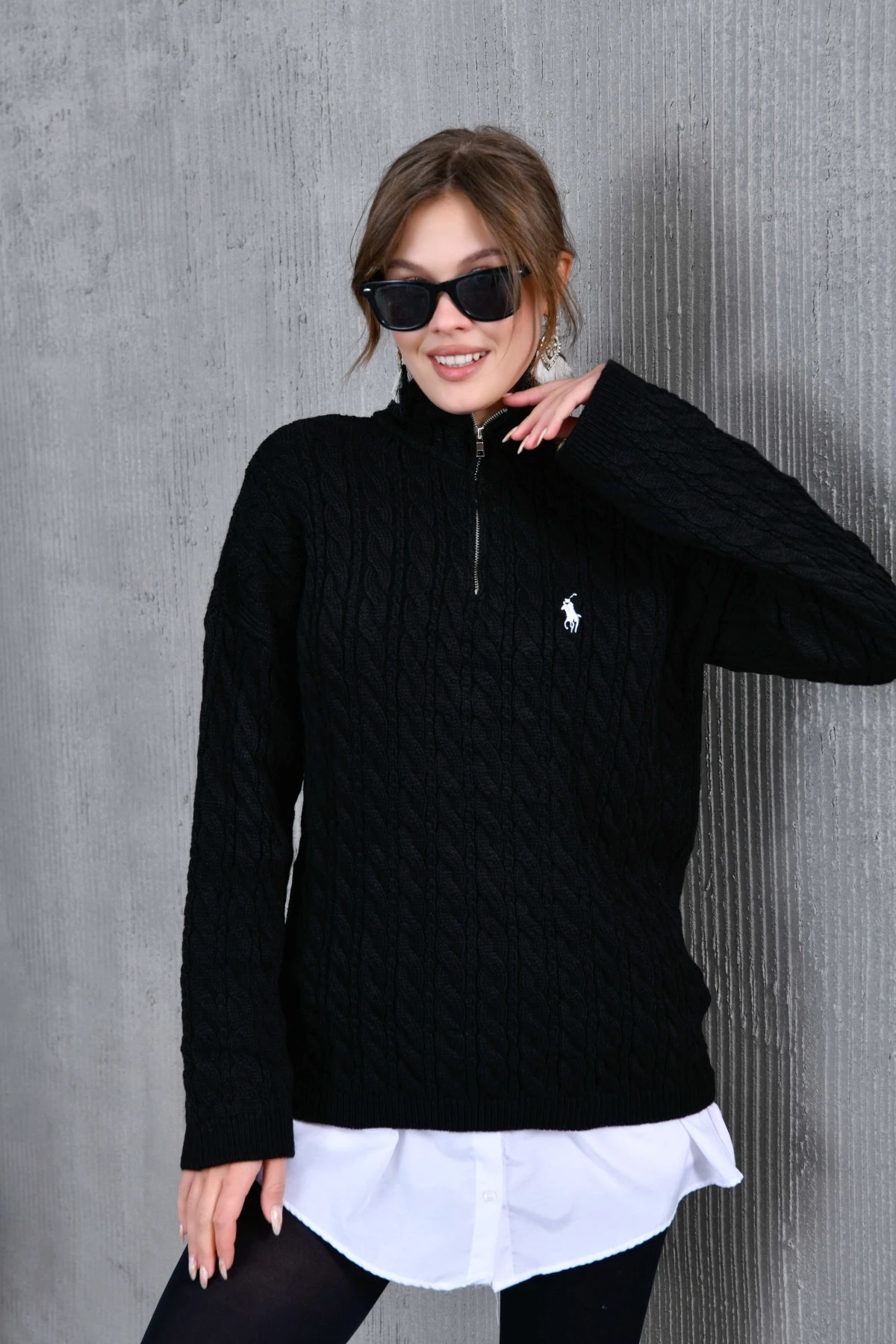 Kadın Dik Yaka Fermuar Detay Saç Örgü Triko Kazak 8006Sw