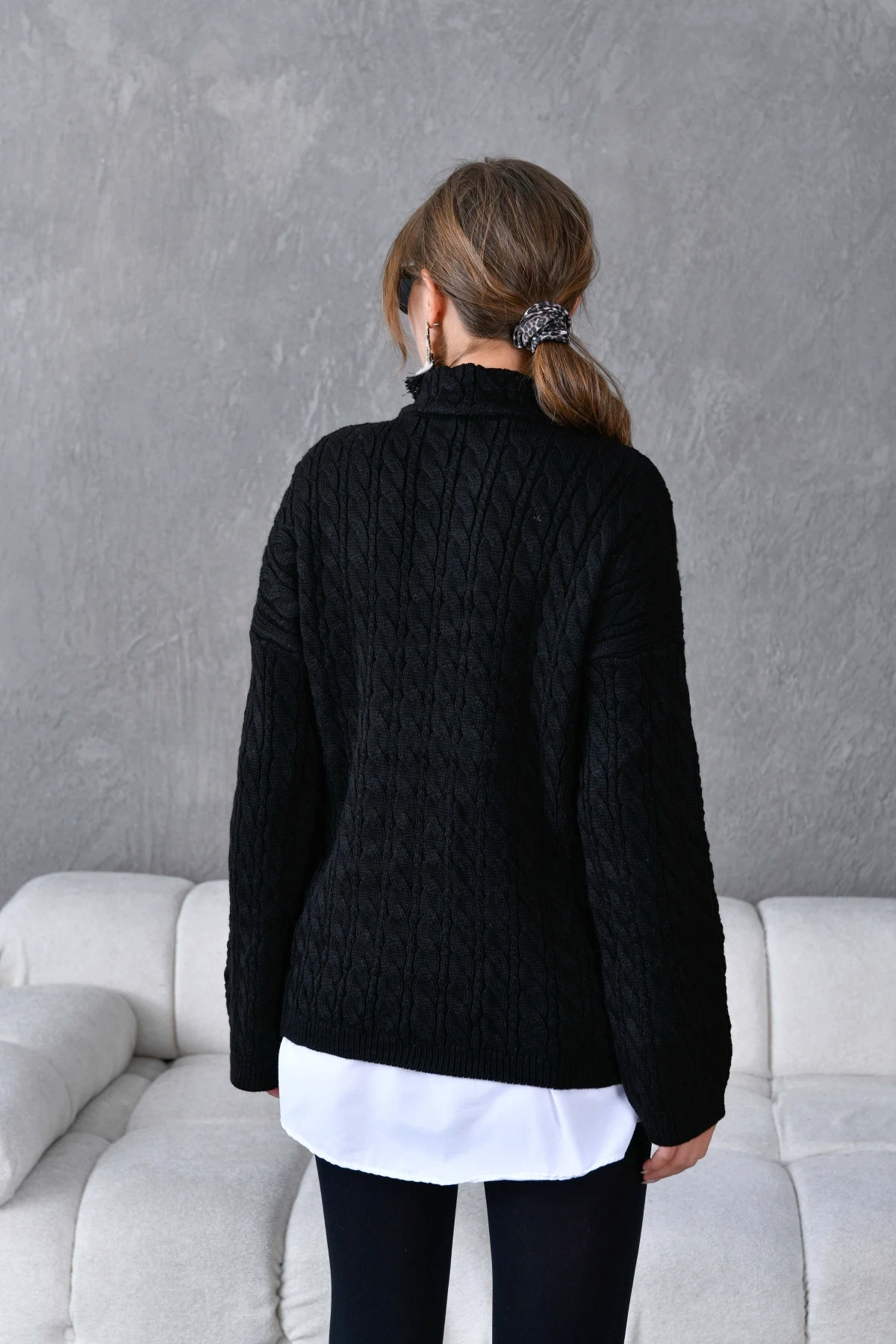 Kadın Dik Yaka Fermuar Detay Saç Örgü Triko Kazak 8006Sw