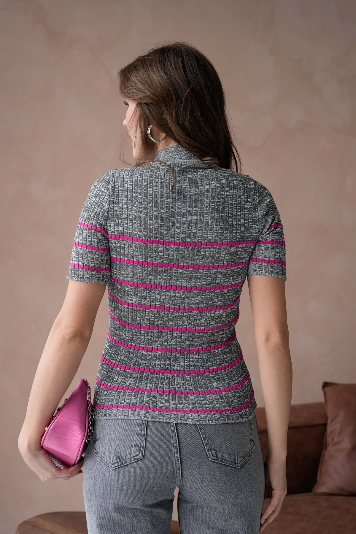 Kadın Dik Yaka Kısa Kol Çizgili Triko Kazak  10091