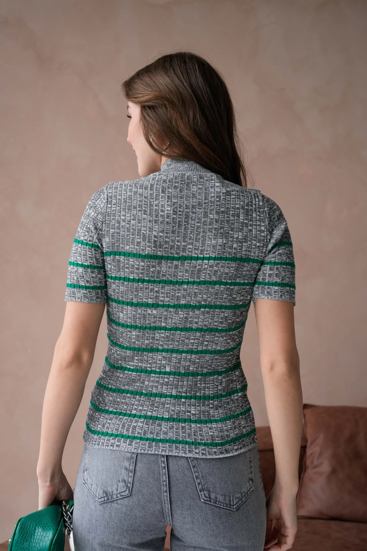 Kadın Dik Yaka Kısa Kol Çizgili Triko Kazak  10091