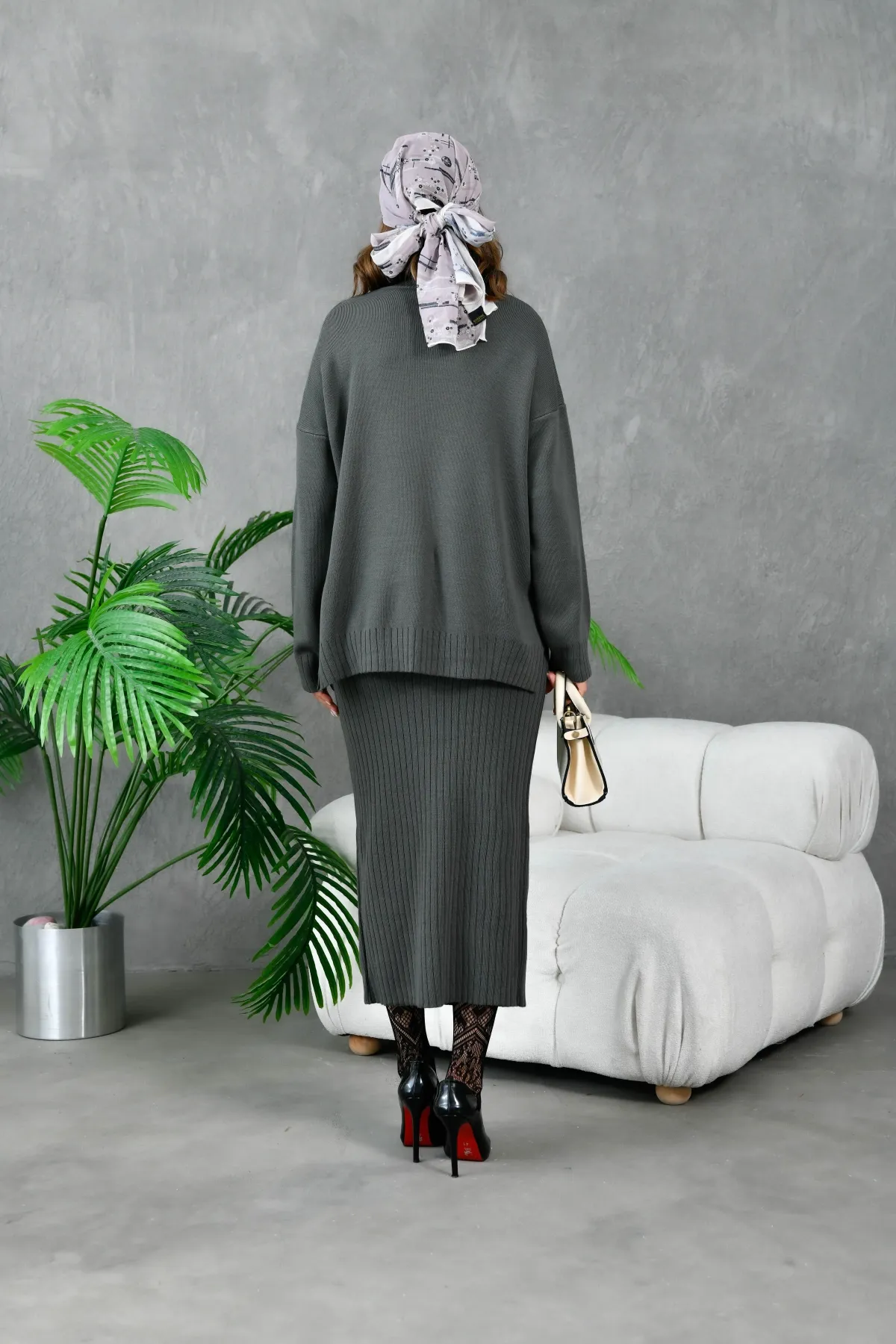 Kadın Dik Yaka Salaş Kazak Uzun Etekli İkili Triko Takım