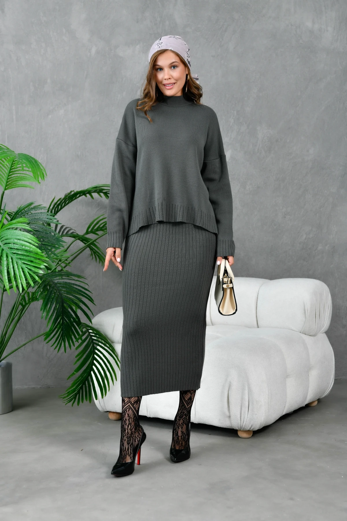 Kadın Dik Yaka Salaş Kazak Uzun Etekli İkili Triko Takım