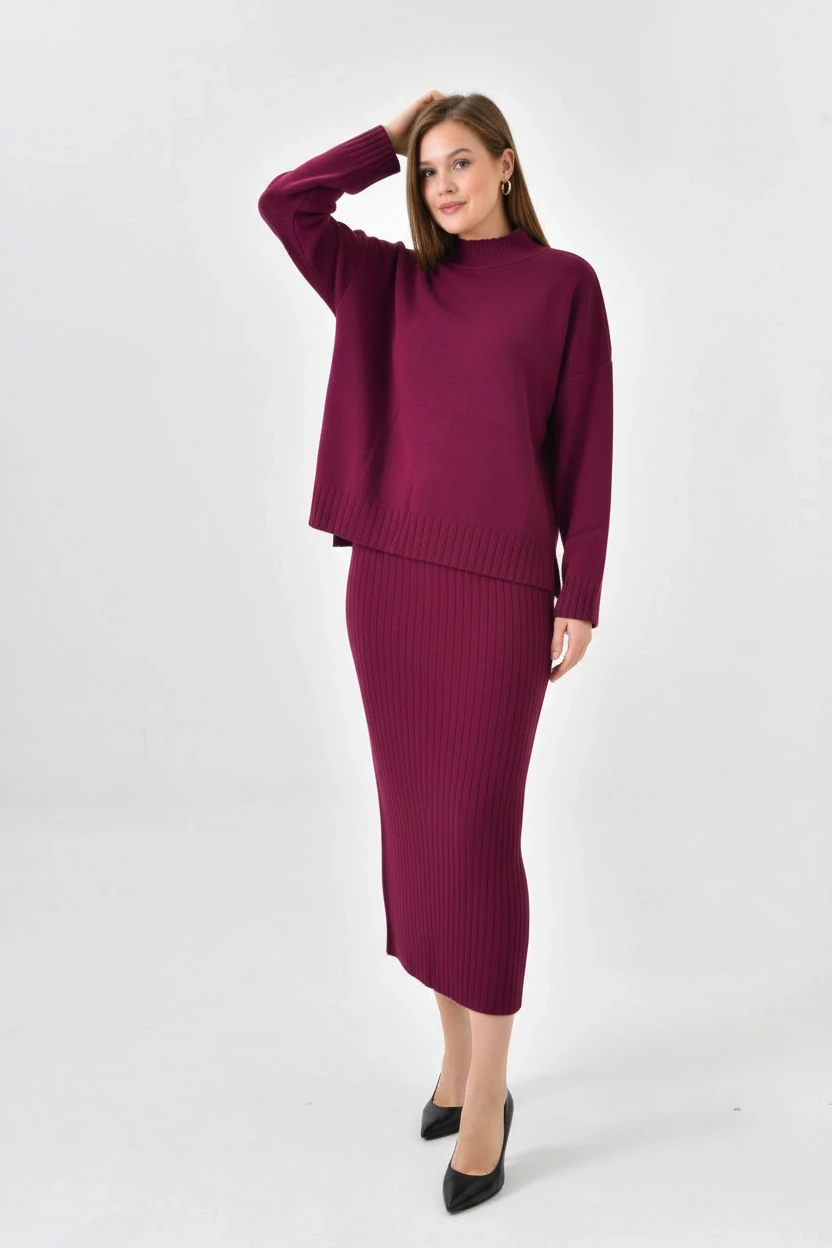 Kadın Dik Yaka Salaş Kazak Uzun Etekli İkili Triko Takım