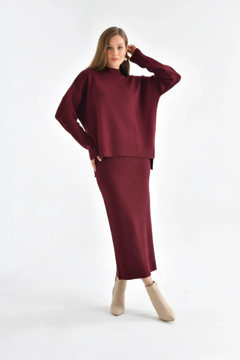 Kadın Dik Yaka Salaş Kazak Uzun Etekli İkili Triko Takım