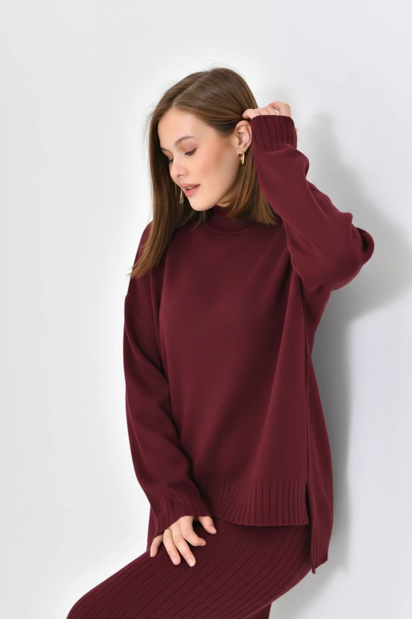 Kadın Dik Yaka Salaş Kazak Uzun Etekli İkili Triko Takım