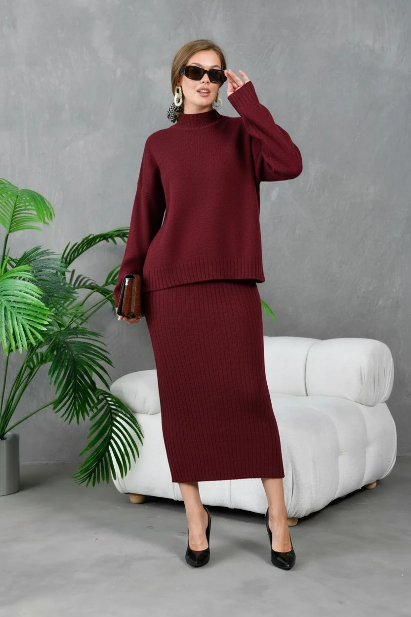 Kadın Dik Yaka Salaş Kazak Uzun Etekli İkili Triko Takım