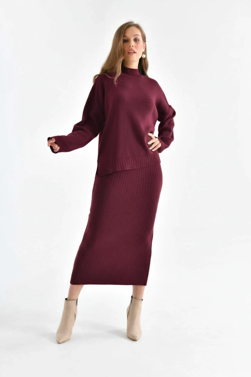 Kadın Dik Yaka Salaş Kazak Uzun Etekli İkili Triko Takım