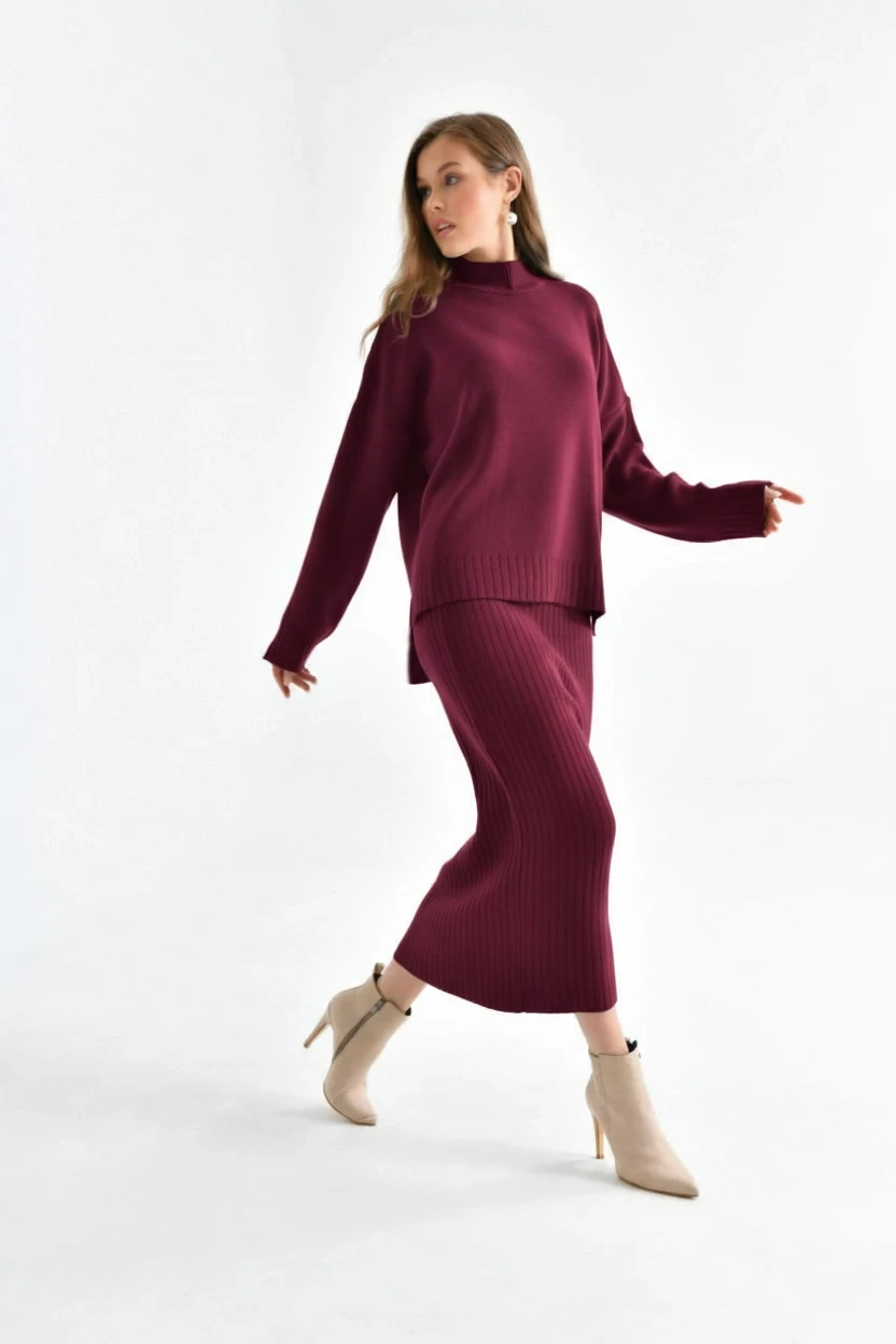 Kadın Dik Yaka Salaş Kazak Uzun Etekli İkili Triko Takım