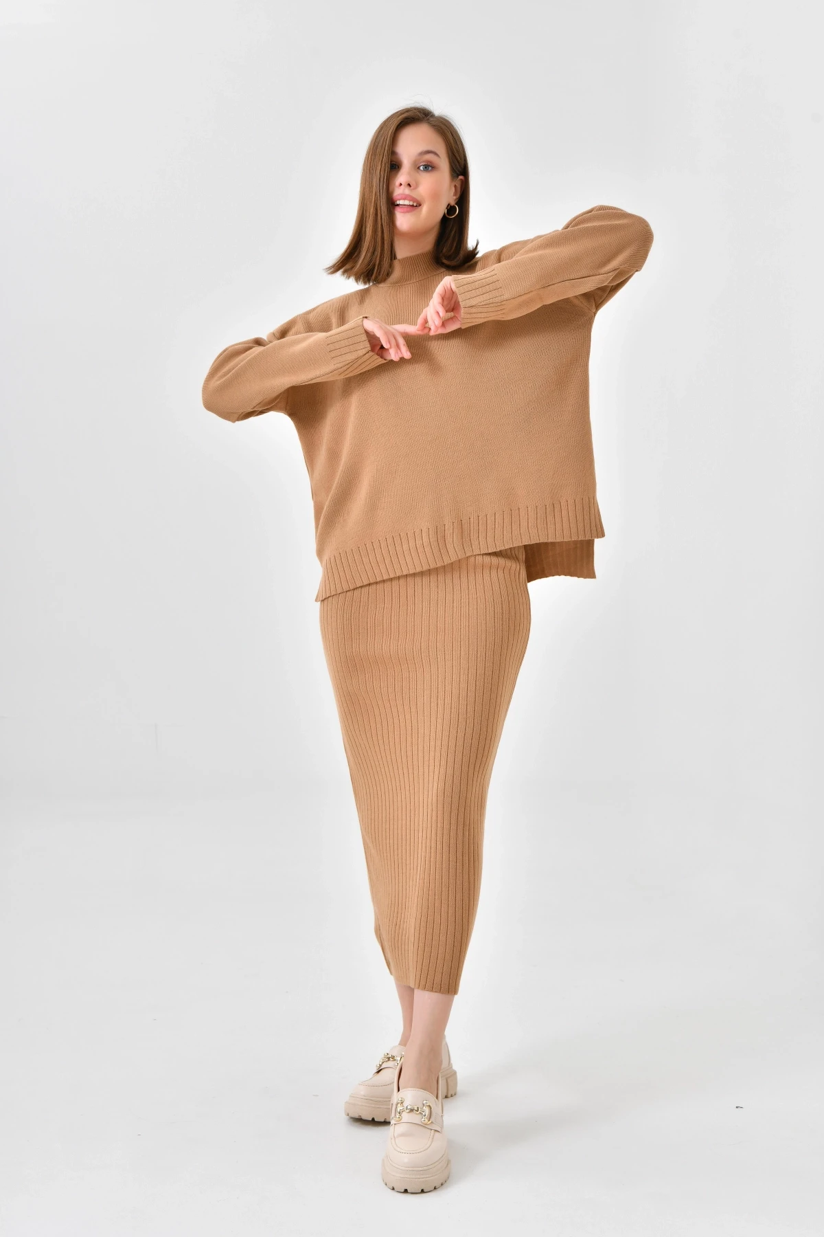 Kadın Dik Yaka Salaş Kazak Uzun Etekli İkili Triko Takım