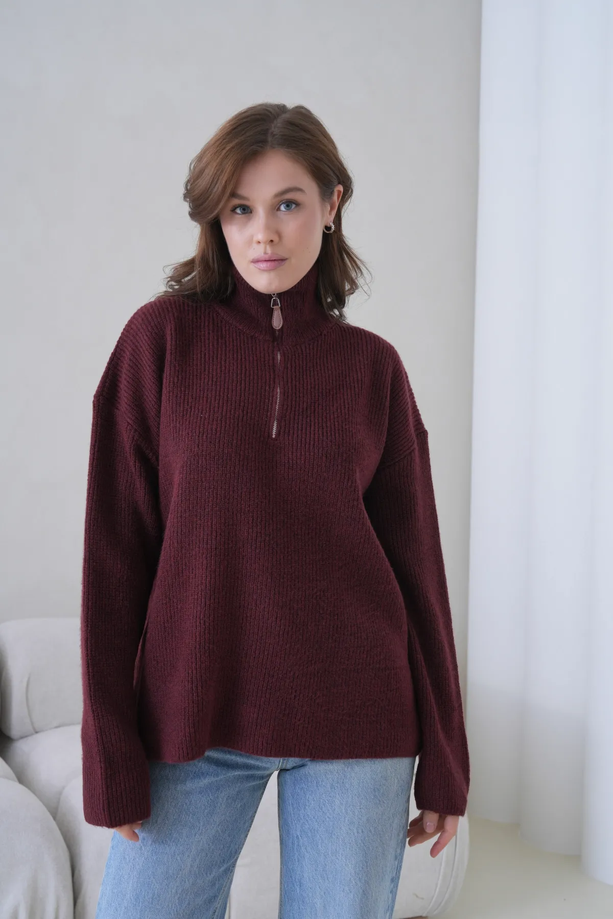 Kadın Dik Yaka Yarım Pat Fermuar Kapama Yumuşak Dokulu Oversize Triko Kazak 8702Sw