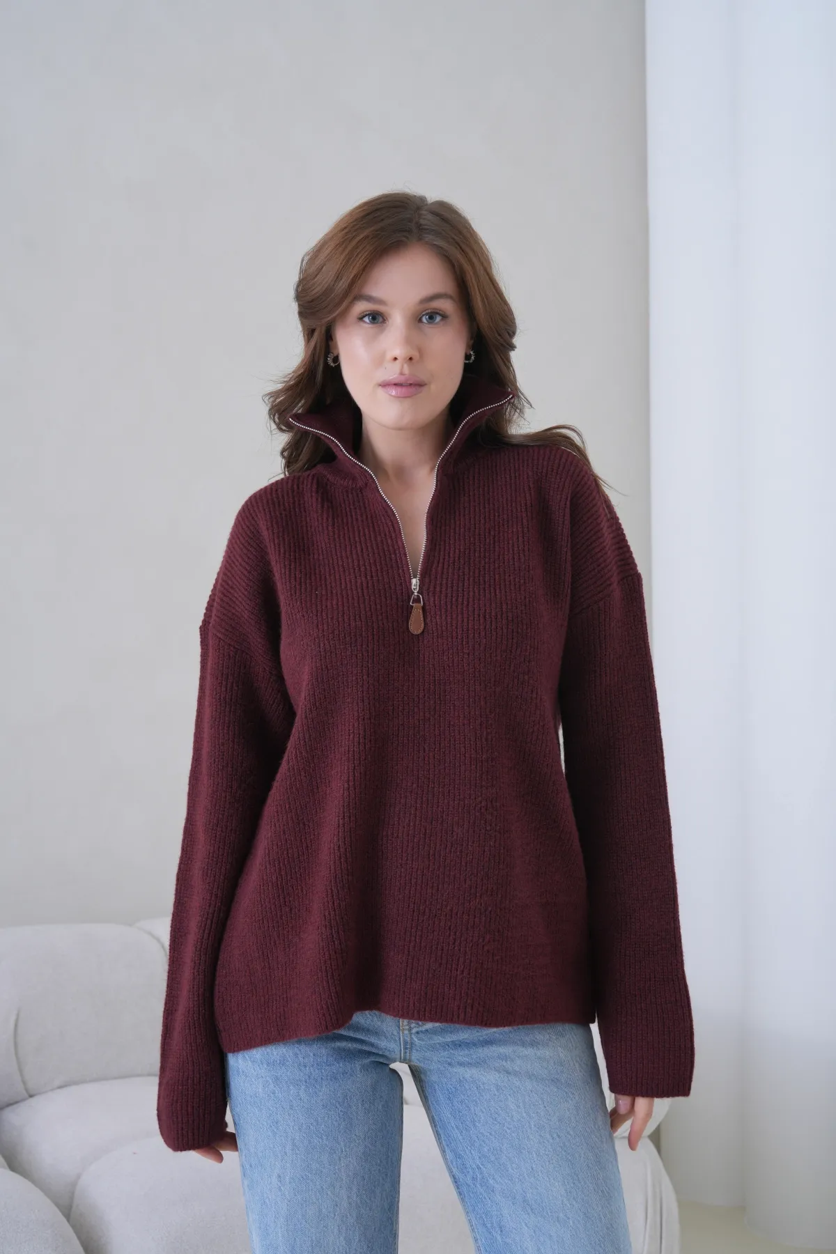 Kadın Dik Yaka Yarım Pat Fermuar Kapama Yumuşak Dokulu Oversize Triko Kazak 8702Sw