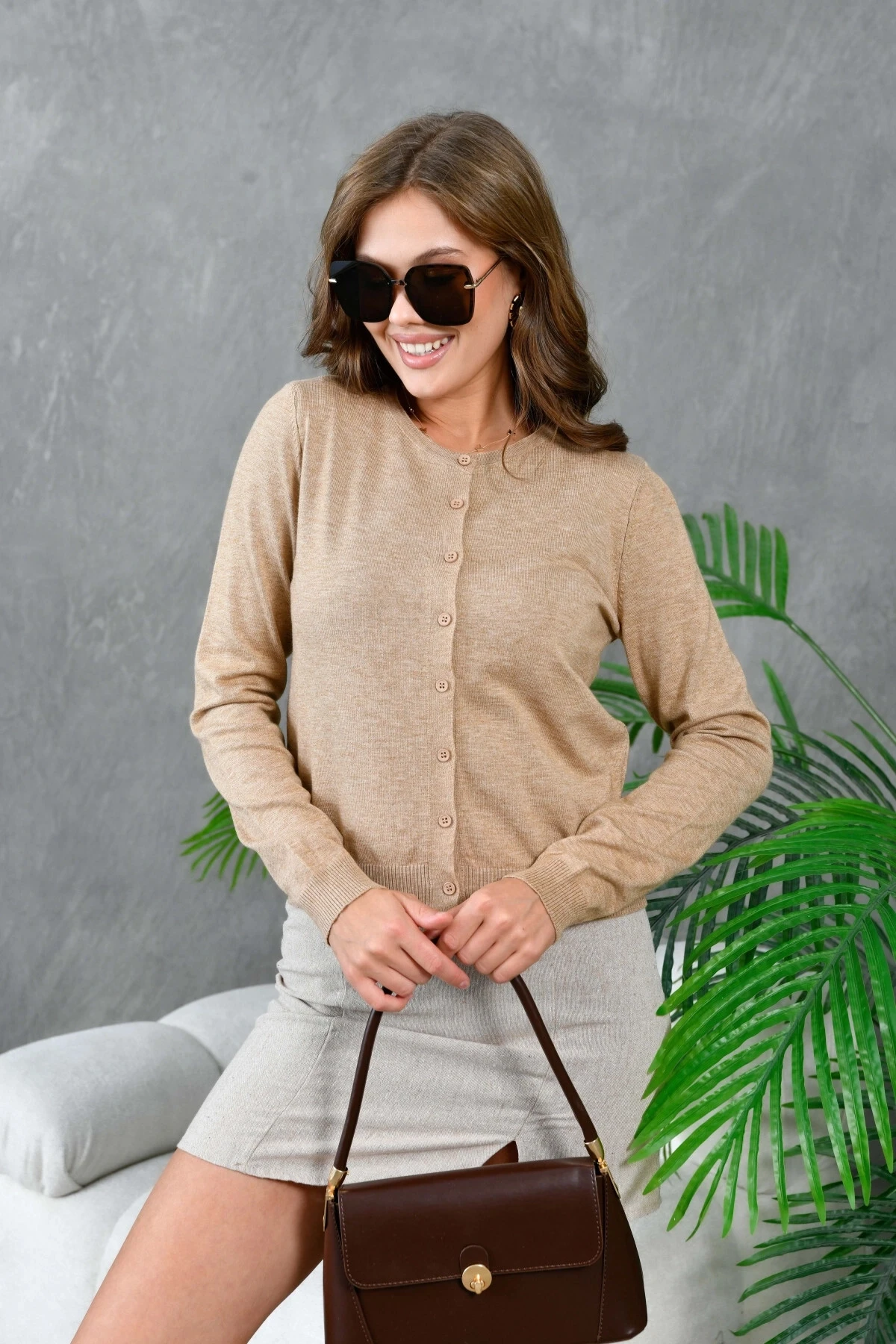 Kadın Düğme Kapama Bluzlu Triko İkili Takım