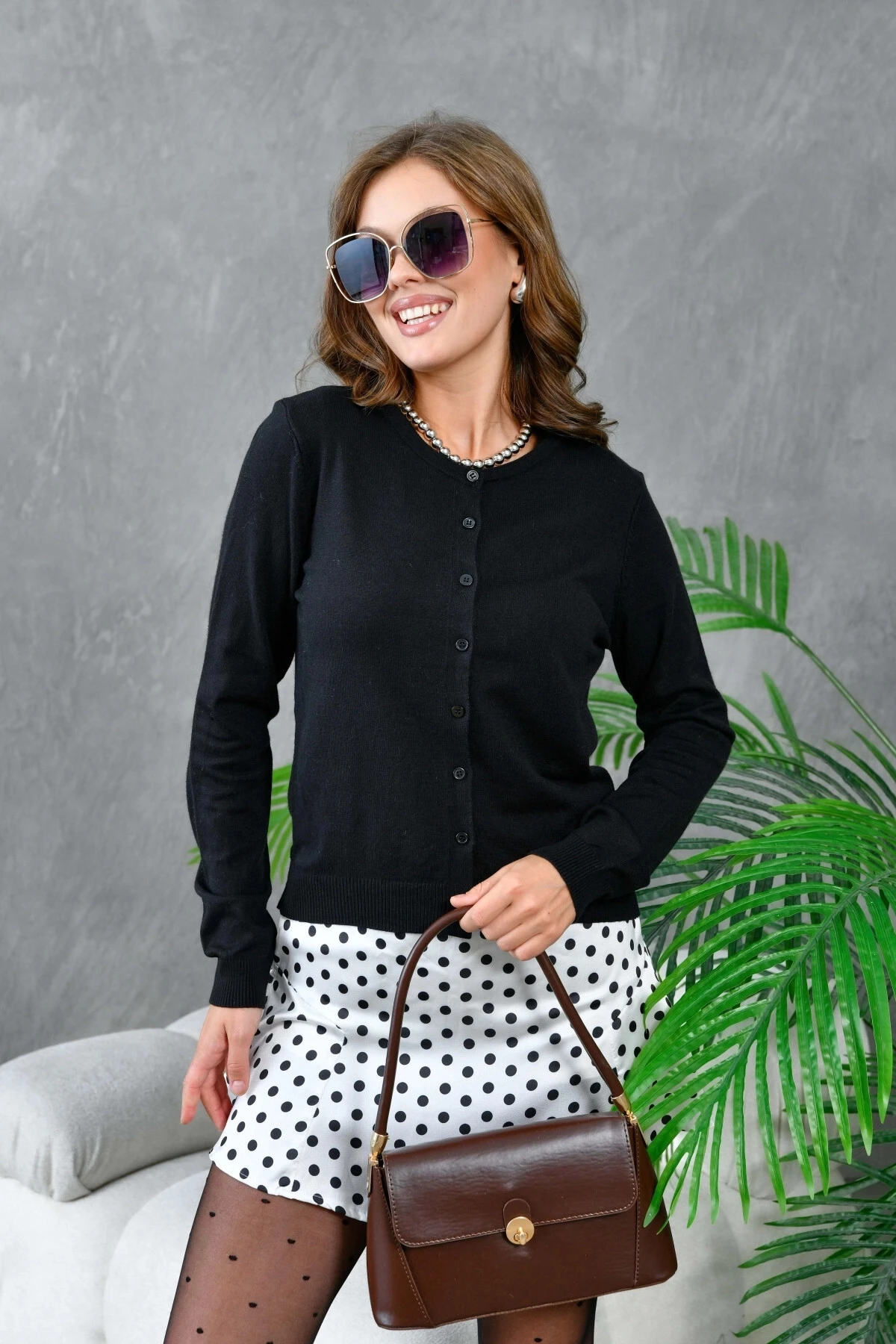 Kadın Düğme Kapama Bluzlu Triko İkili Takım