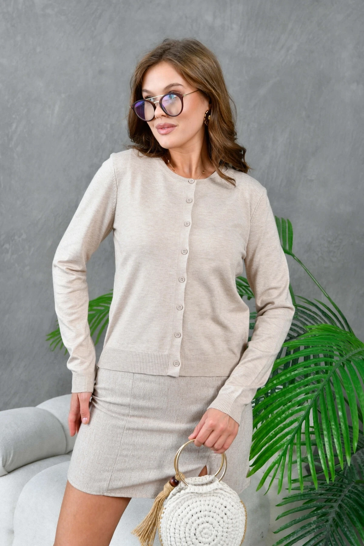 Kadın Düğme Kapama Bluzlu Triko İkili Takım