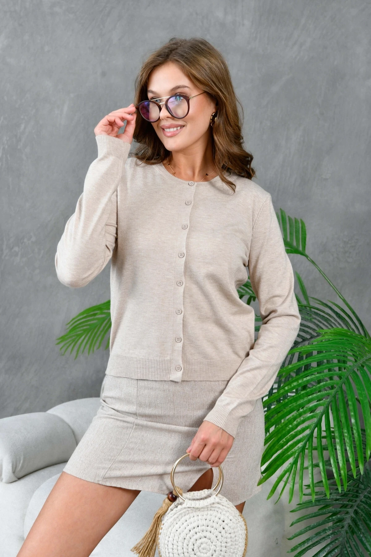 Kadın Düğme Kapama Bluzlu Triko İkili Takım