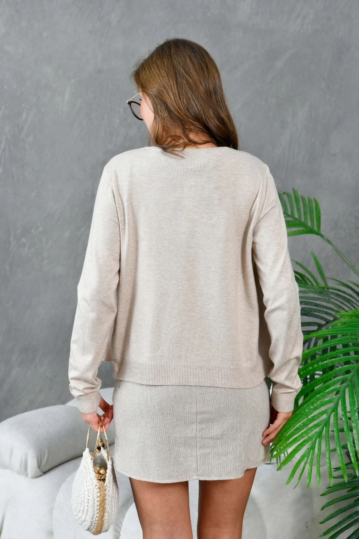 Kadın Düğme Kapama Bluzlu Triko İkili Takım