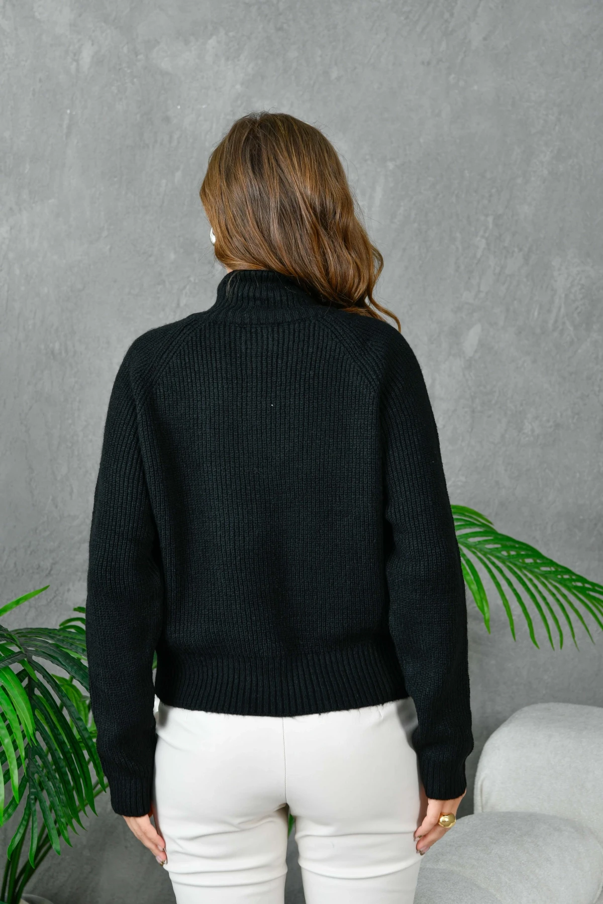 Kadın Fermuarlı Yaka Selanik Örgü Triko Kazak 8018Sw