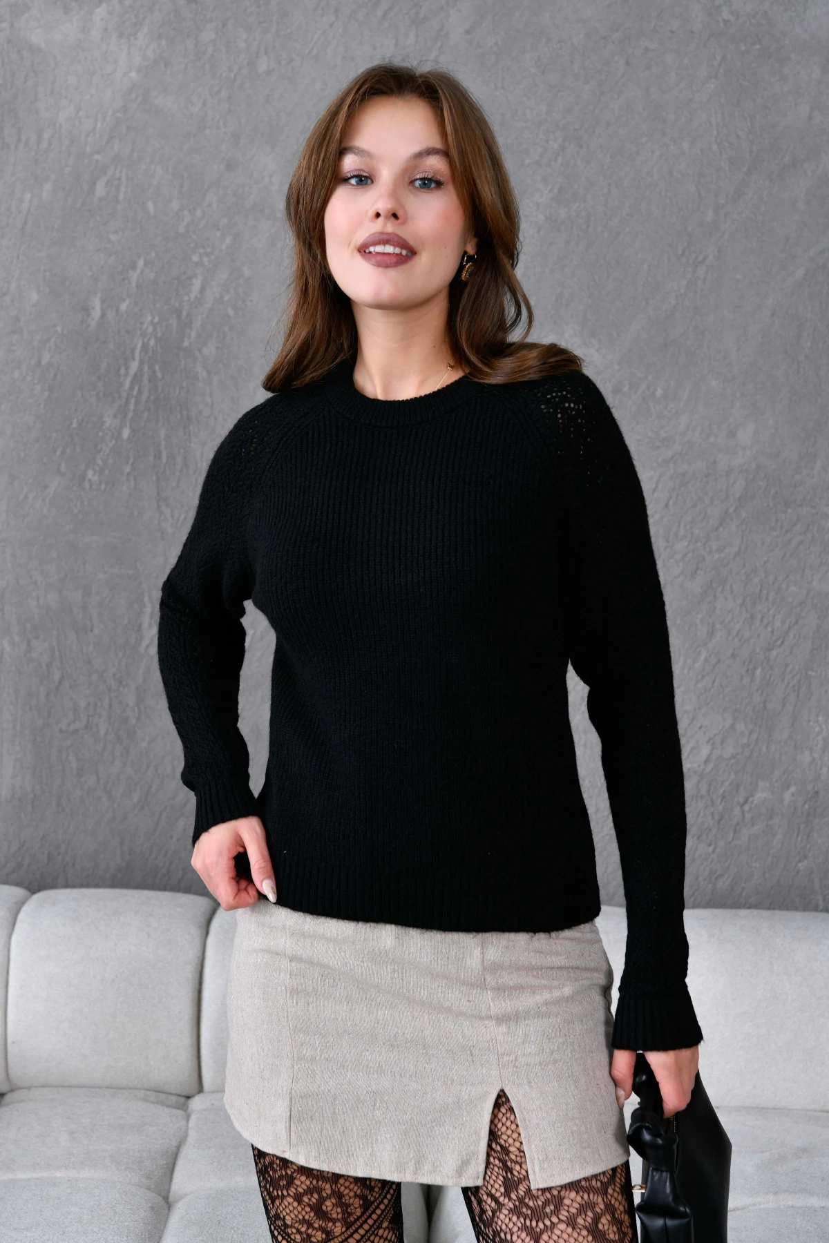 Kadın Fitilli Bisiklet Yaka Ajurlu Triko Kazak 8438Sw