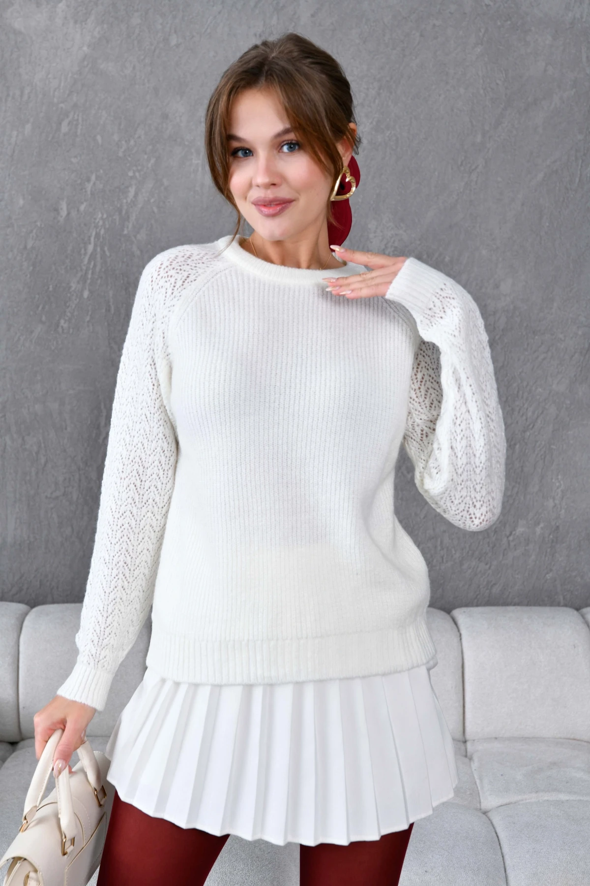 Kadın Fitilli Bisiklet Yaka Ajurlu Triko Kazak 8438Sw