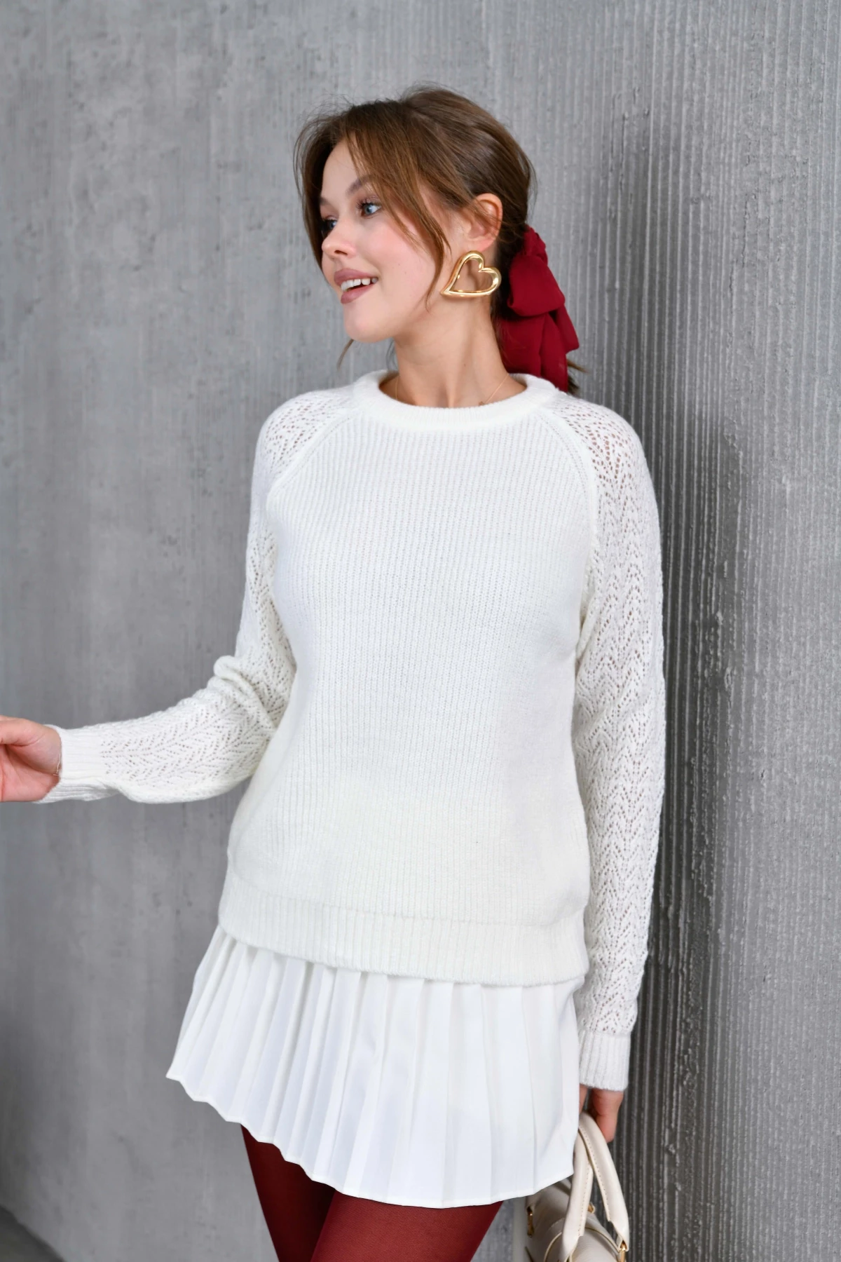 Kadın Fitilli Bisiklet Yaka Ajurlu Triko Kazak 8438Sw