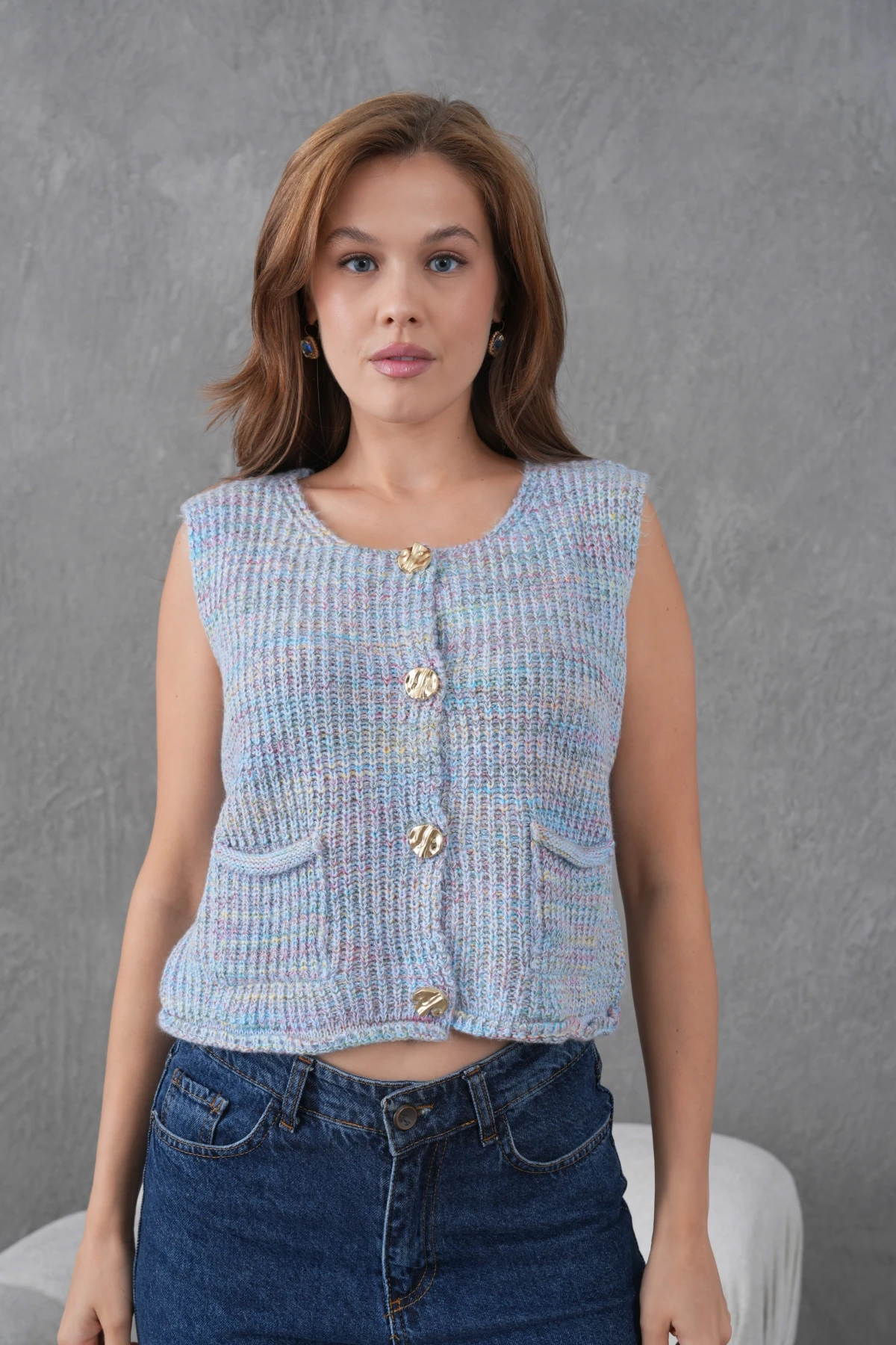 Kadın Geniş Yaka Düğme Detay Selanik Örgü Kolsuz Triko Yelek 8606Sw