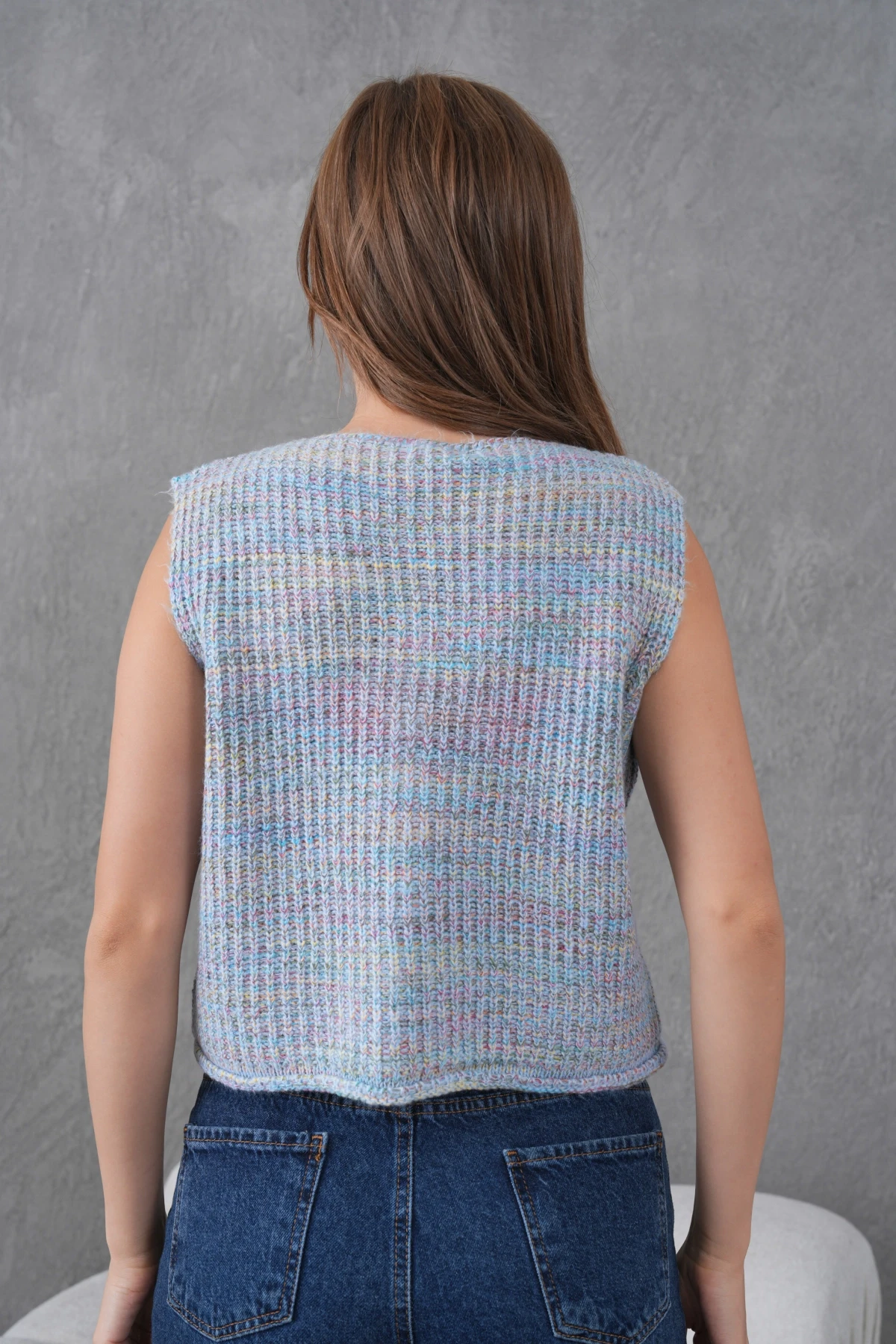 Kadın Geniş Yaka Düğme Detay Selanik Örgü Kolsuz Triko Yelek 8606Sw