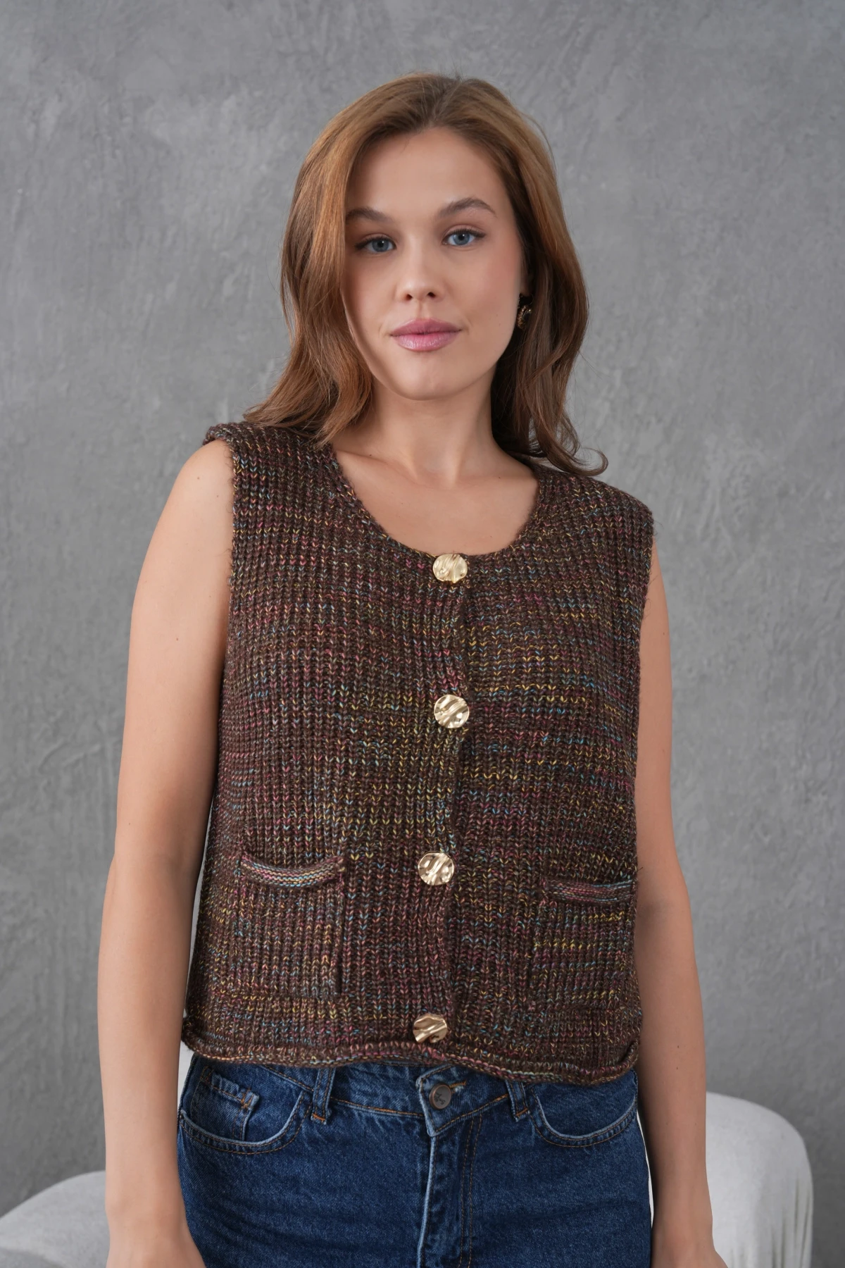 Kadın Geniş Yaka Düğme Detay Selanik Örgü Kolsuz Triko Yelek 8606Sw