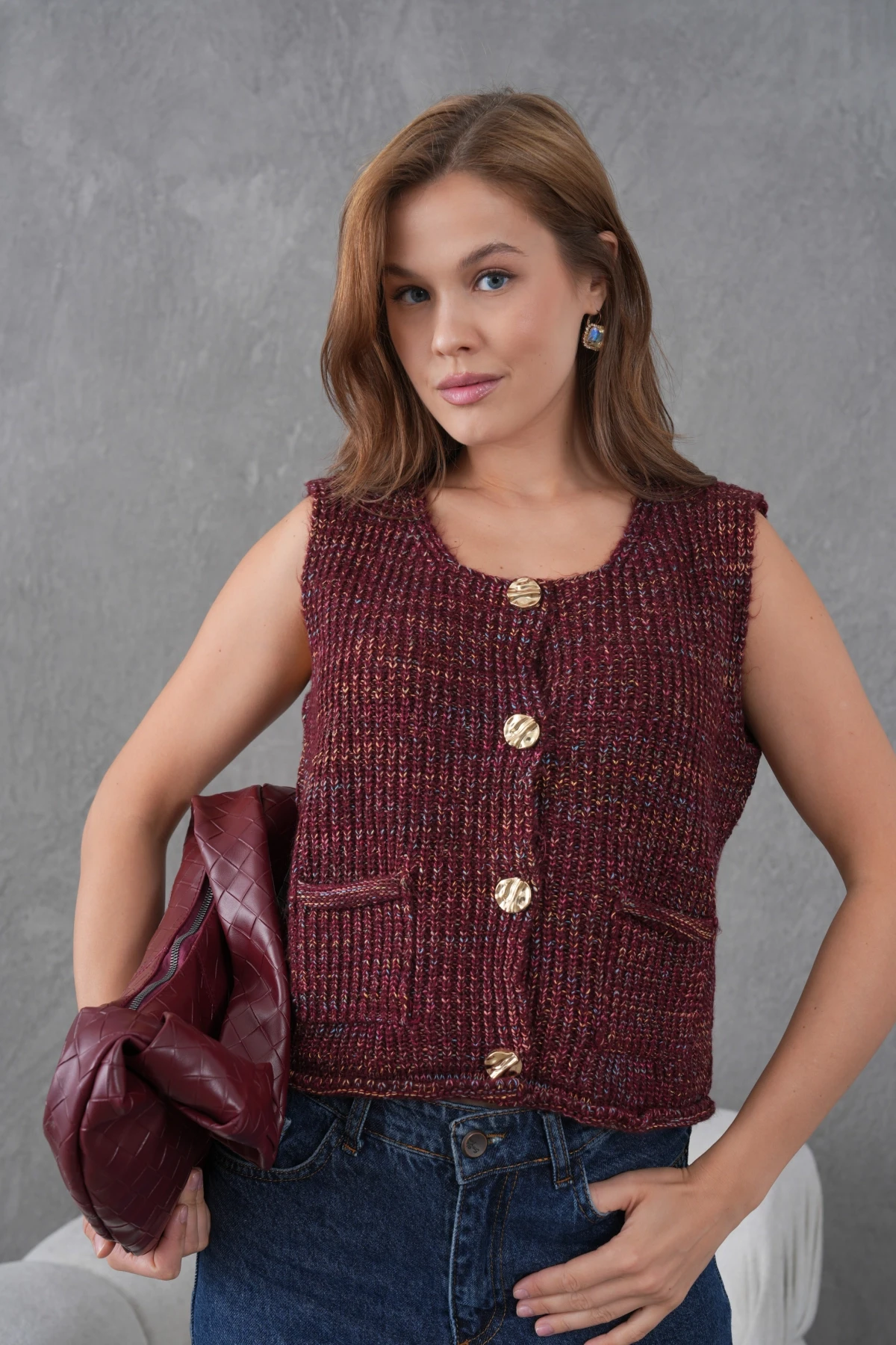 Kadın Geniş Yaka Düğme Detay Selanik Örgü Kolsuz Triko Yelek 8606Sw