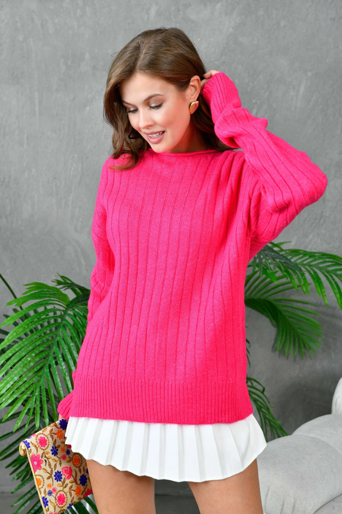 Kadın Geniş Yaka Fitilli Uzun Triko Kazak 8011Sw