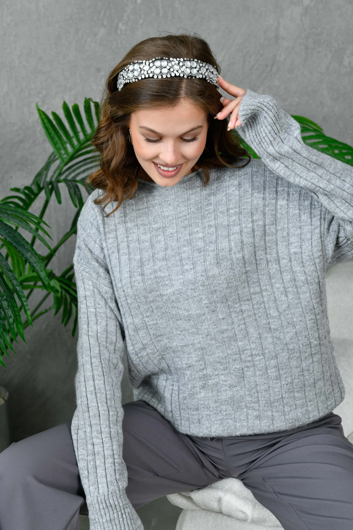 Kadın Geniş Yaka Fitilli Uzun Triko Kazak 8011Sw