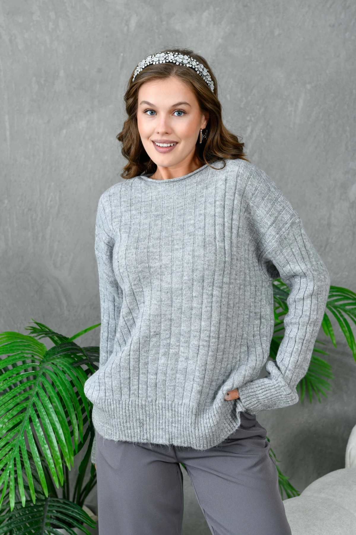 Kadın Geniş Yaka Fitilli Uzun Triko Kazak 8011Sw