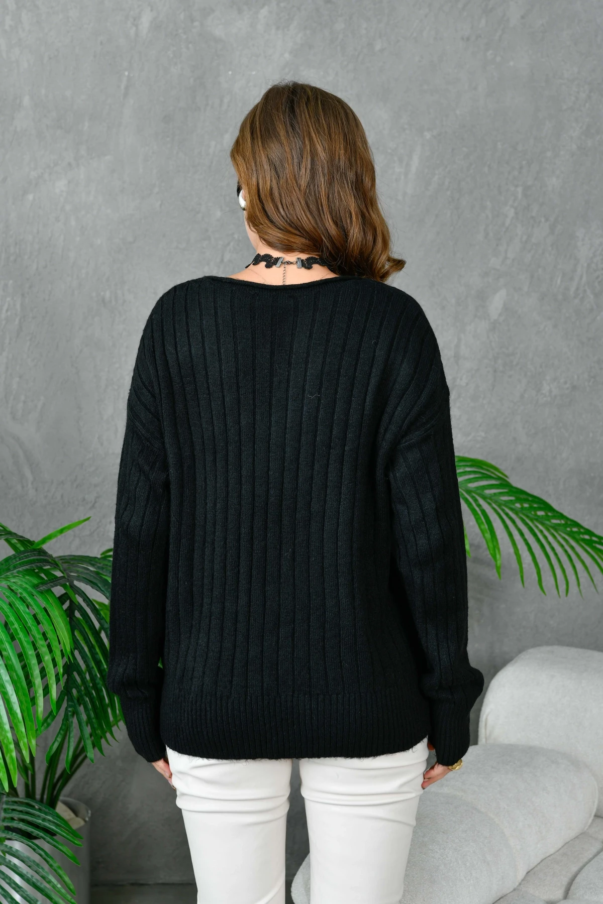 Kadın Geniş Yaka Fitilli Uzun Triko Kazak 8011Sw