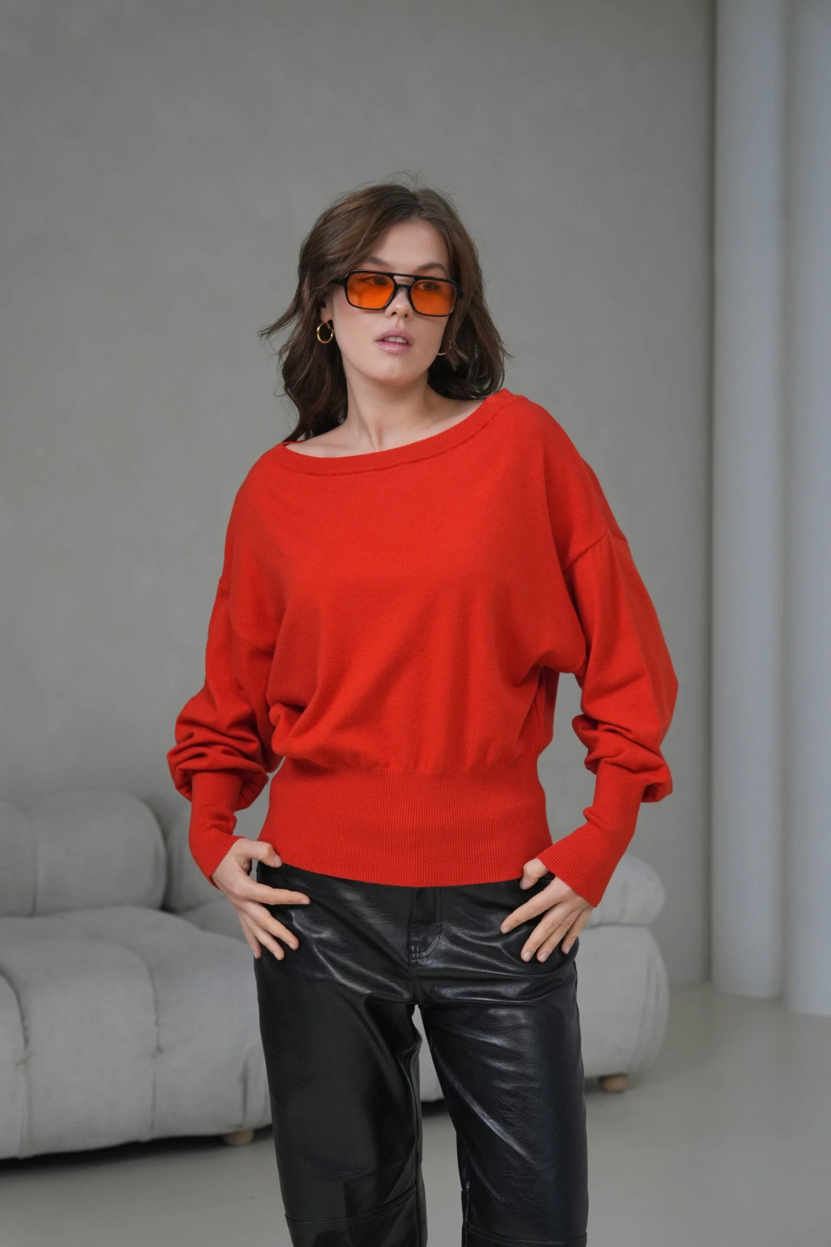 Kadın Geniş Yaka Kol Detay Premium İplik Yumuşak Dokulu triko kazak 12384.Crs