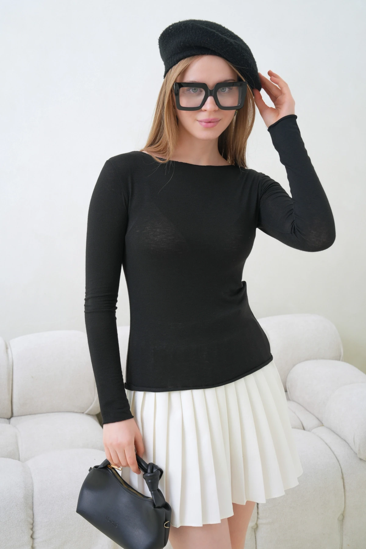 Kadın Geniş Yaka Uzun Kol Lycralı Penye Bluz 13000