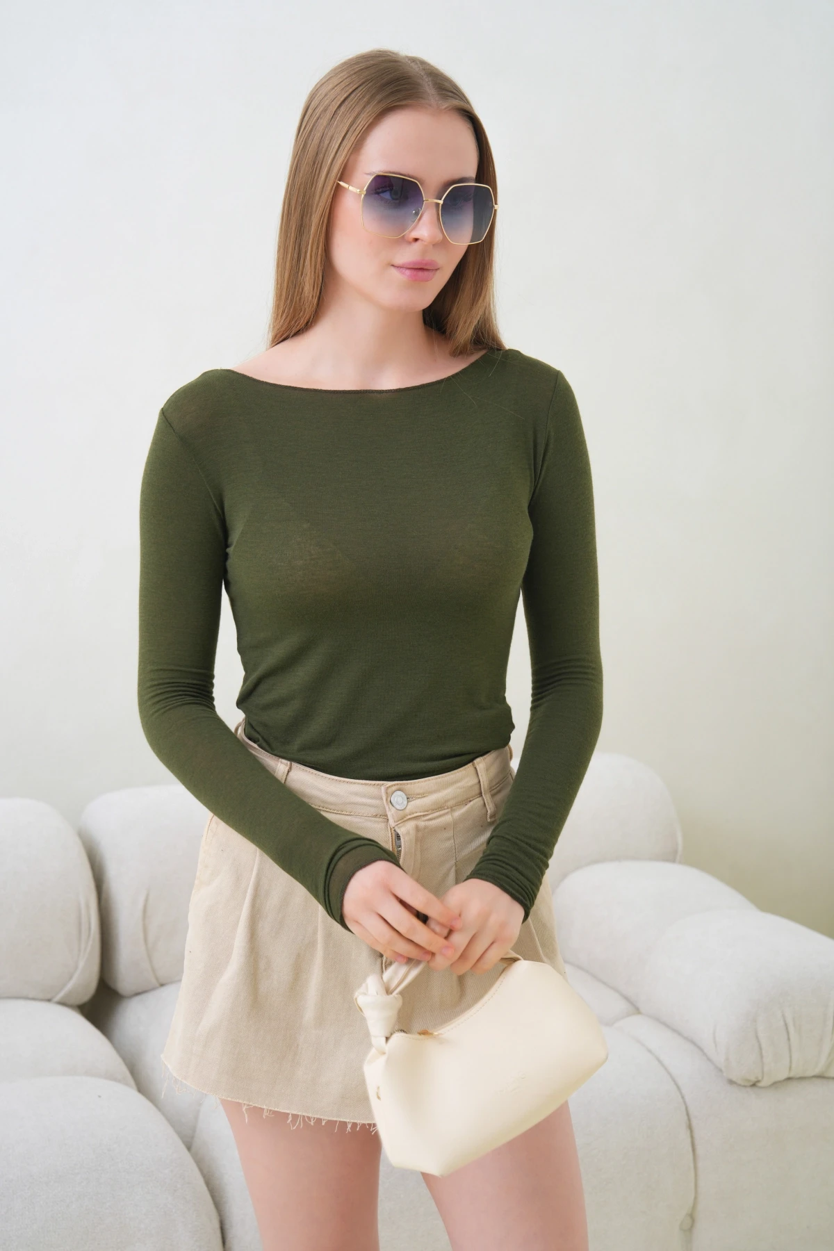 Kadın Geniş Yaka Uzun Kol Lycralı Penye Bluz 13000