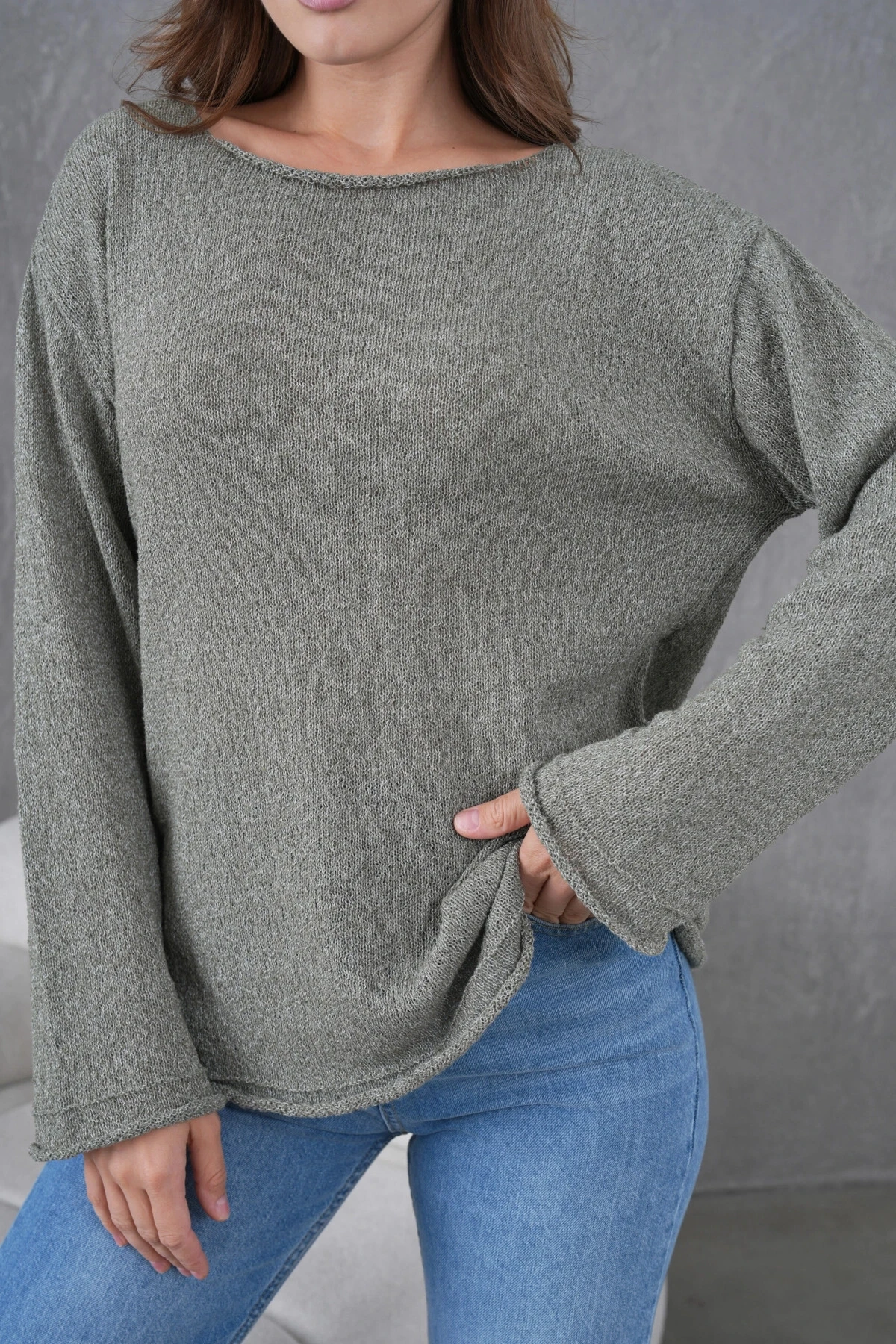 Kadın Haki Basic Oversize Kayık Yaka Dokulu Triko Kazak 8529sw