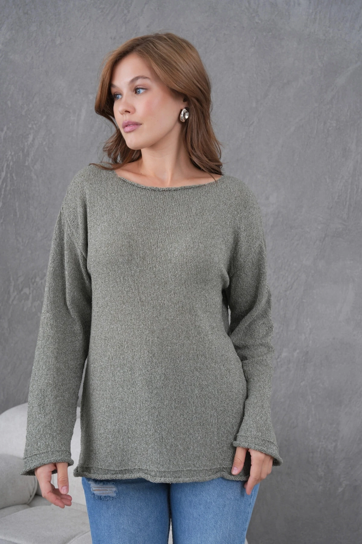 Kadın Haki Basic Oversize Kayık Yaka Dokulu Triko Kazak 8529sw