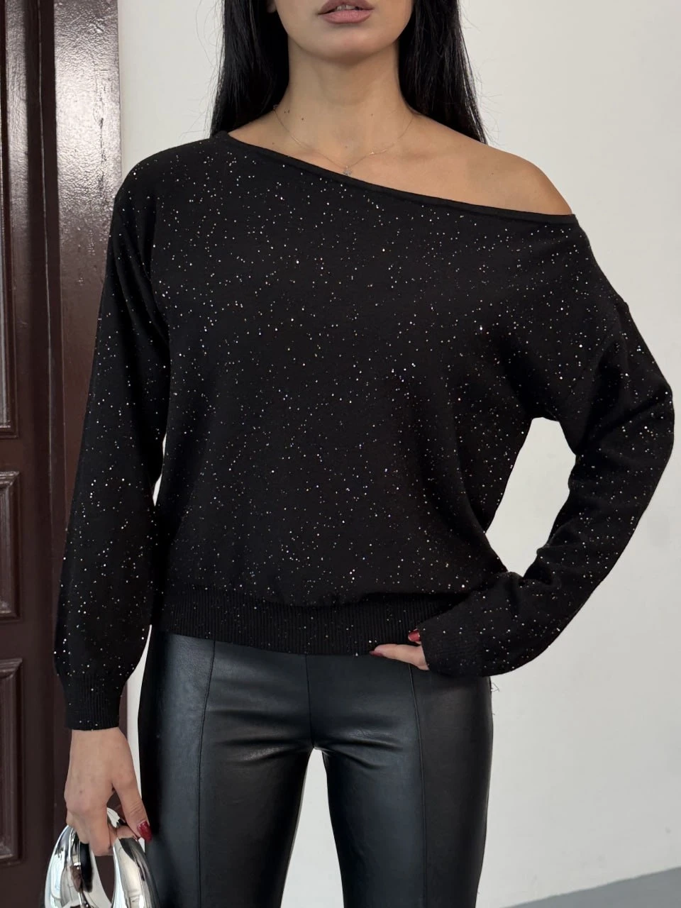 Kadın Kayık Yaka Simli Premium İplik Triko Kazak 12393.Pr