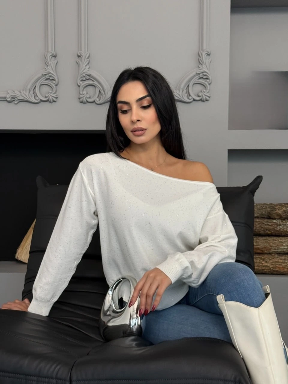 Kadın Kayık Yaka Simli Premium İplik Triko Kazak 12393.Pr