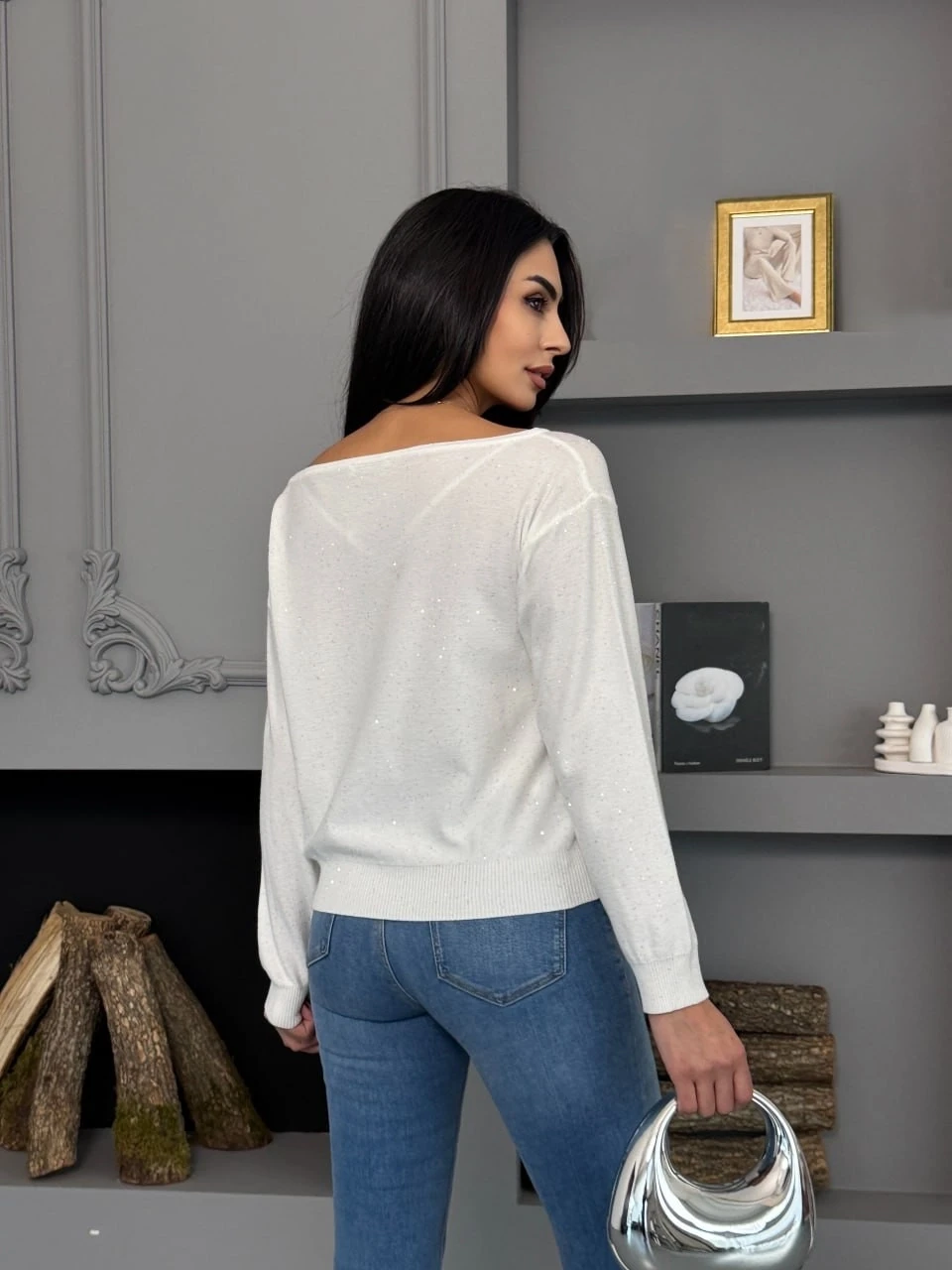 Kadın Kayık Yaka Simli Premium İplik Triko Kazak 12393.Pr