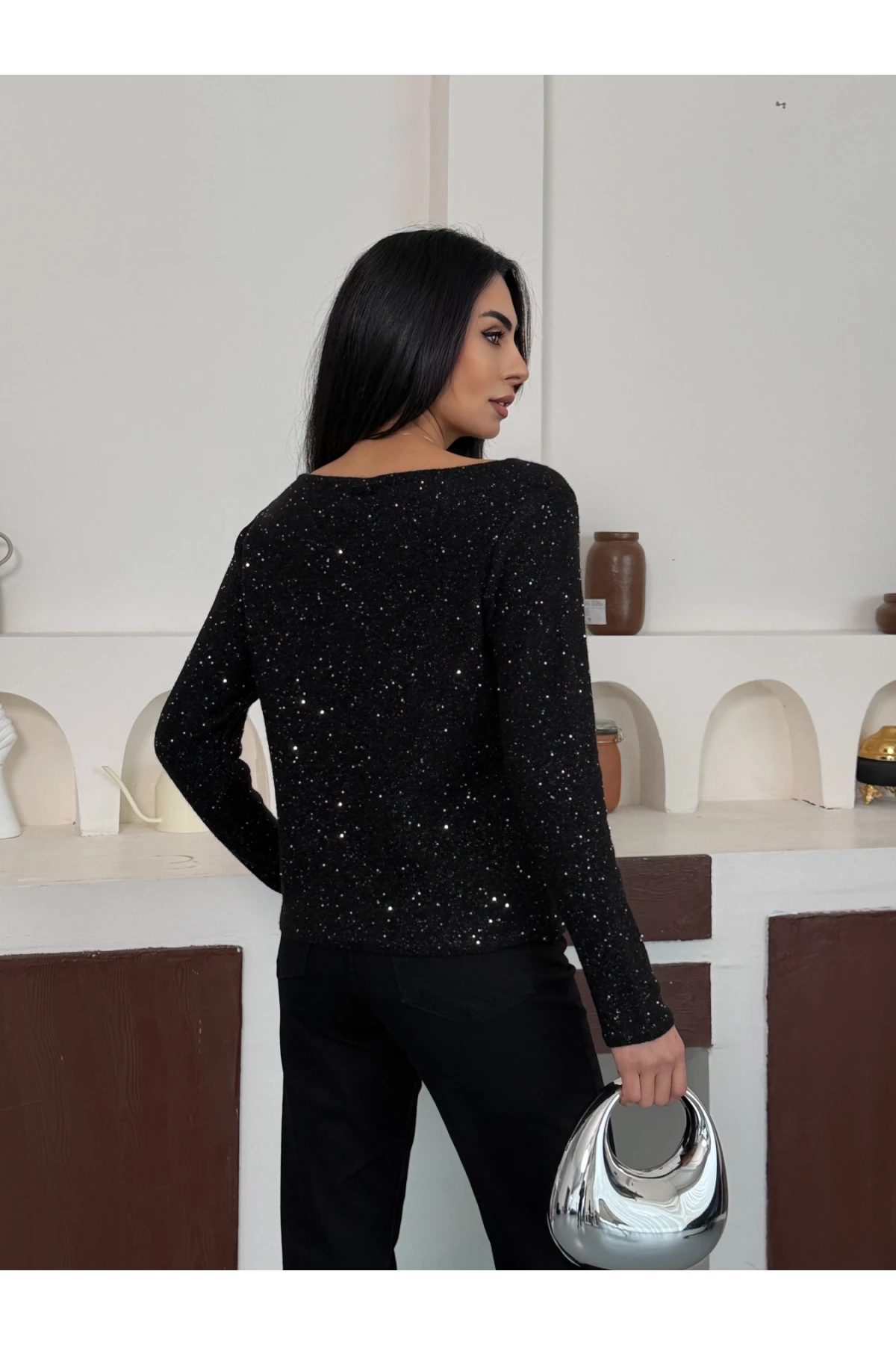 Kadın Kayık Yaka Simli Premium İplik Triko Kazak 12393.Pr