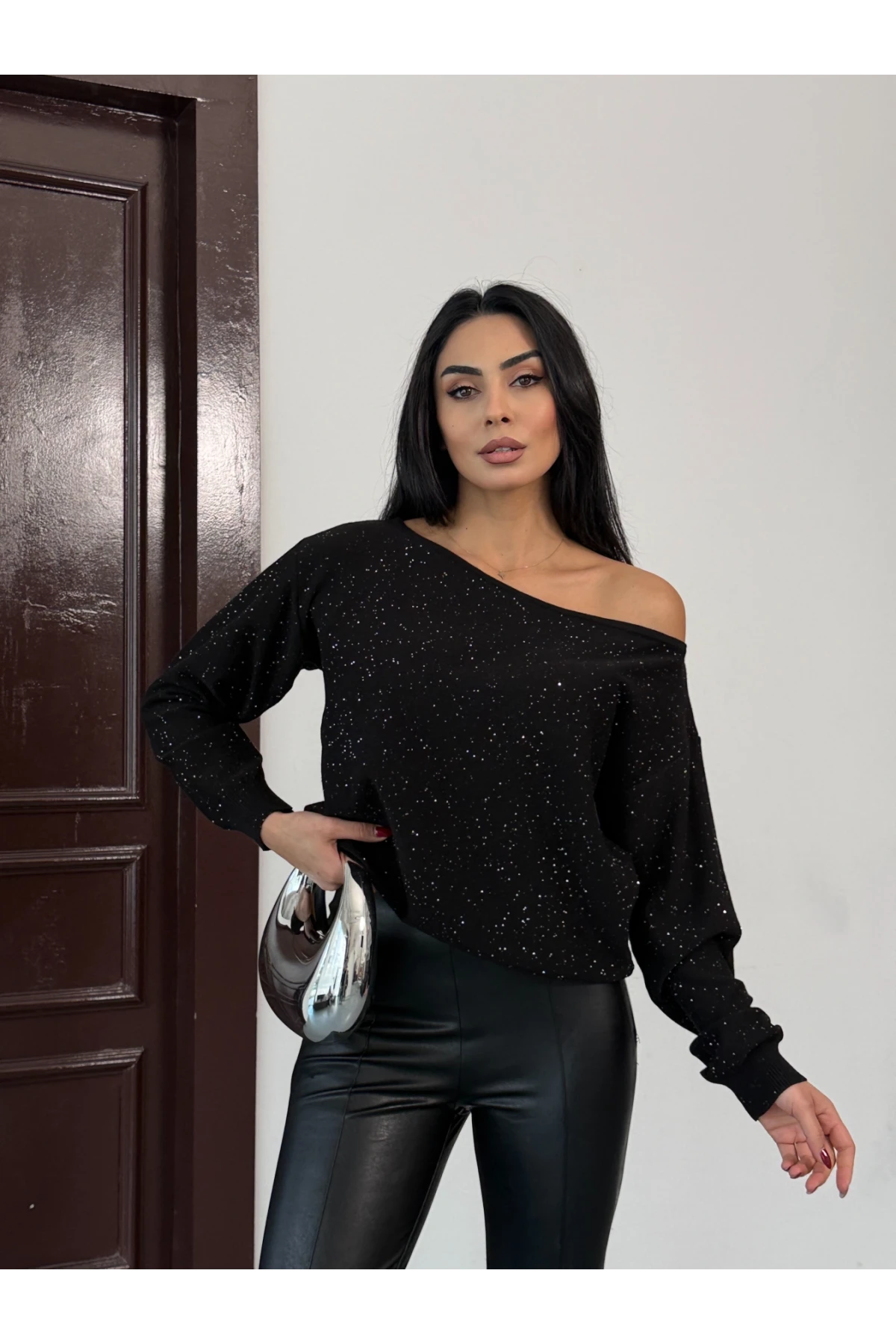 Kadın Kayık Yaka Simli Premium İplik Triko Kazak 12393.Pr