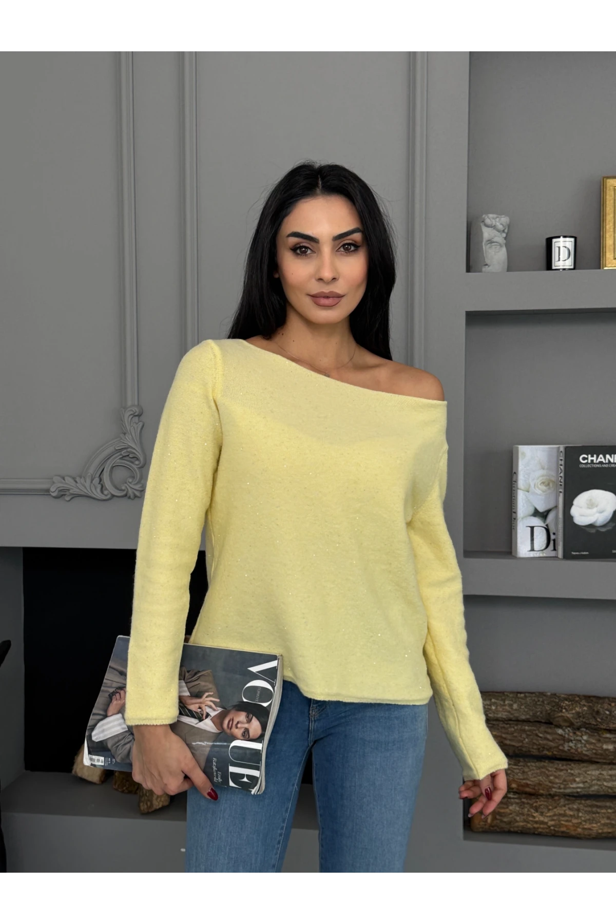 Kadın Kayık Yaka Viskon Karışımlı Simli Triko Kazak 8710Sw.Mng 